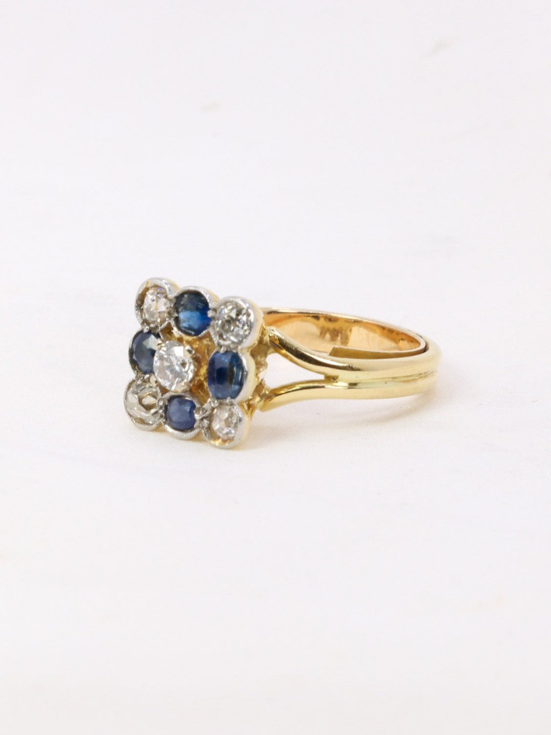 Bague ancienne or jaune platine saphir diamants