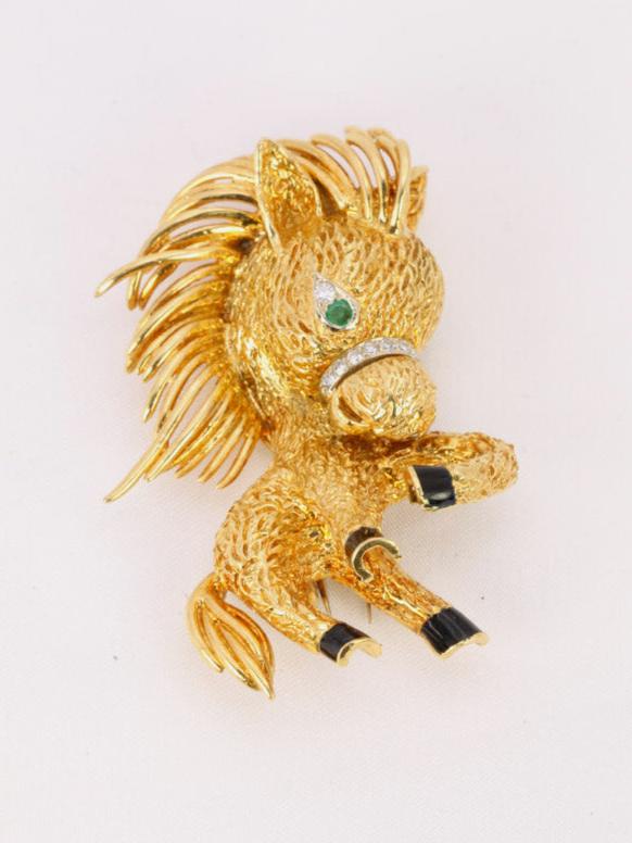 Broche Poney vintage Van Cleef Arpels or jaune émeraude diamants émail