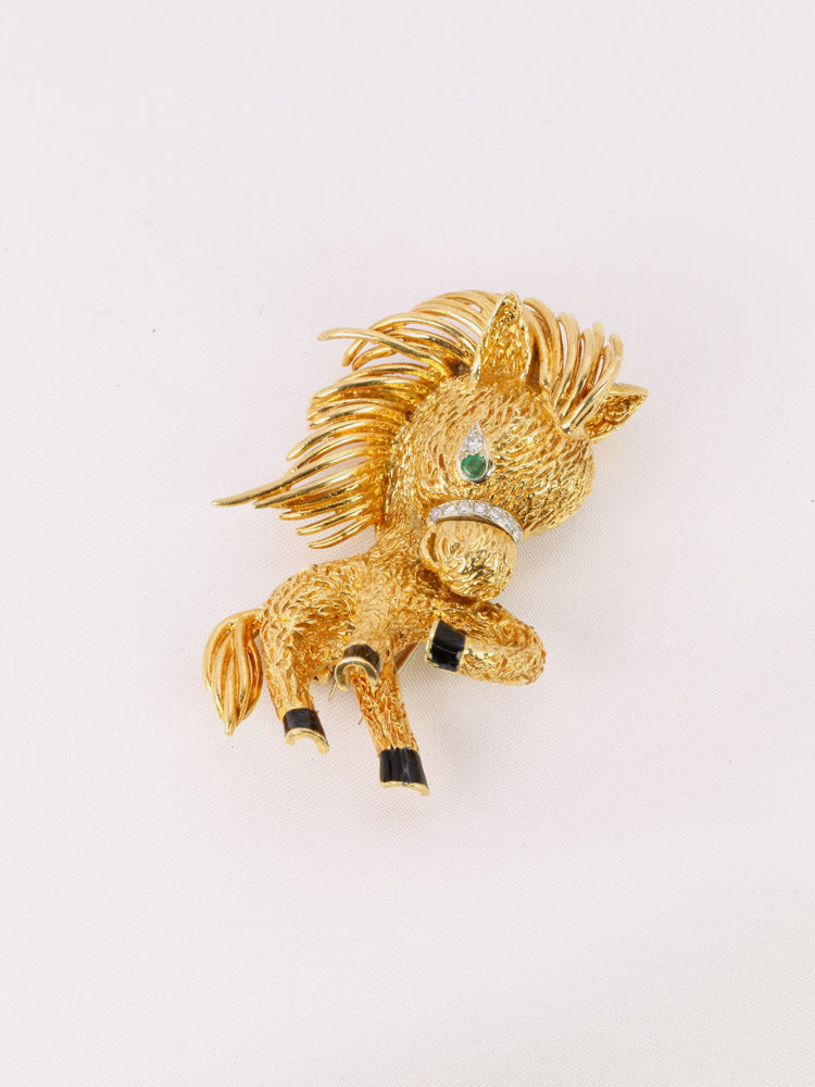 Broche Poney vintage Van Cleef &amp; Arpels or jaune émeraude diamants émail