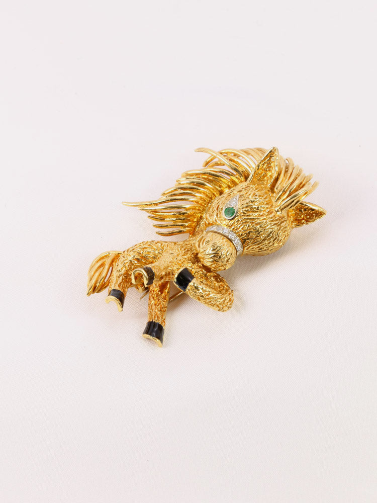 Broche Poney vintage Van Cleef &amp; Arpels or jaune émeraude diamants émail