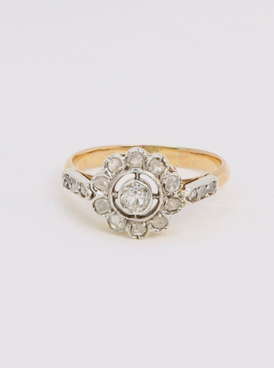 Bague marguerite Belle Epoque or platine diamants taille ancienne