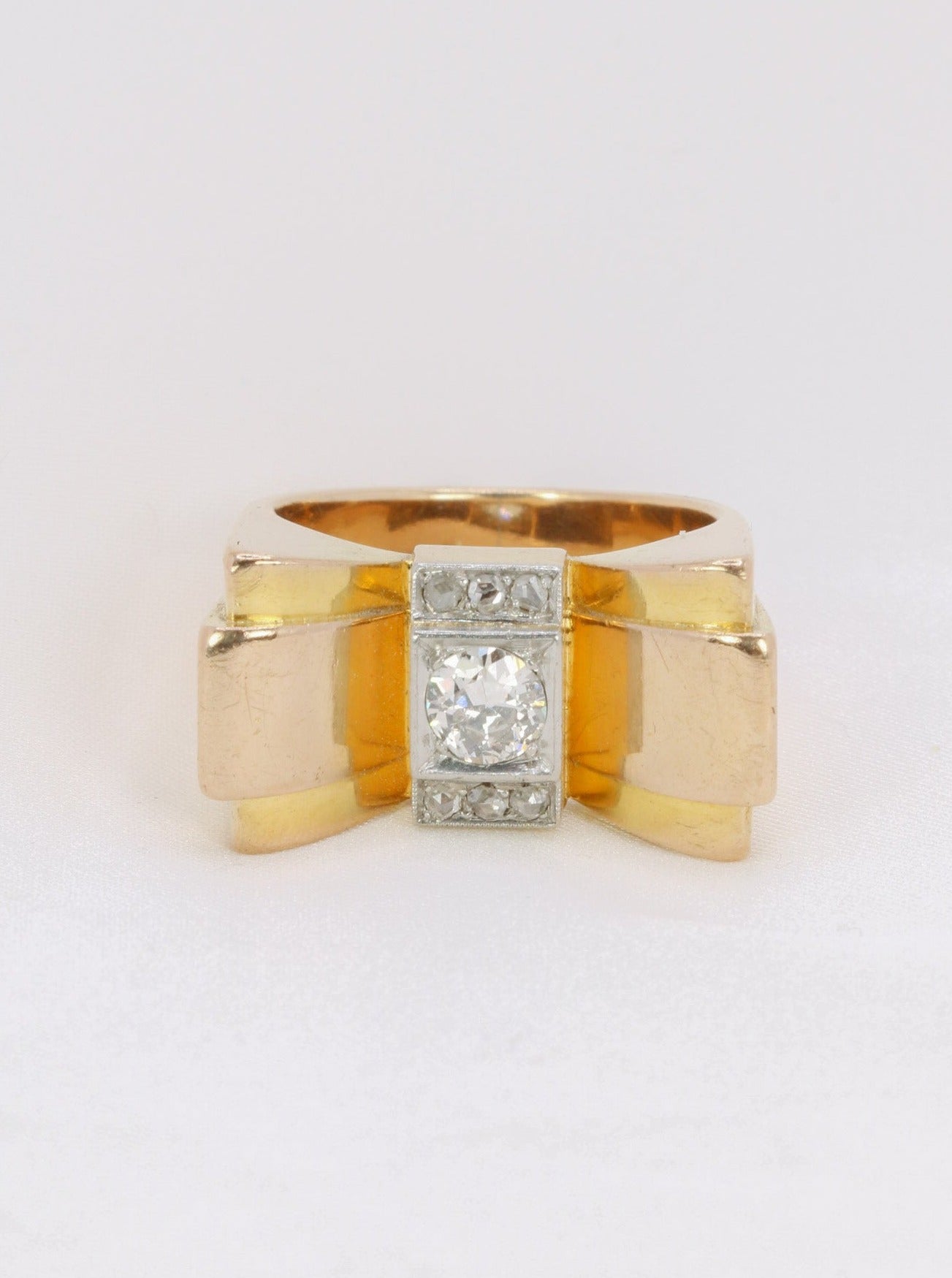 Tank ring in gold, platinum and old cut diamond 0.55 ct