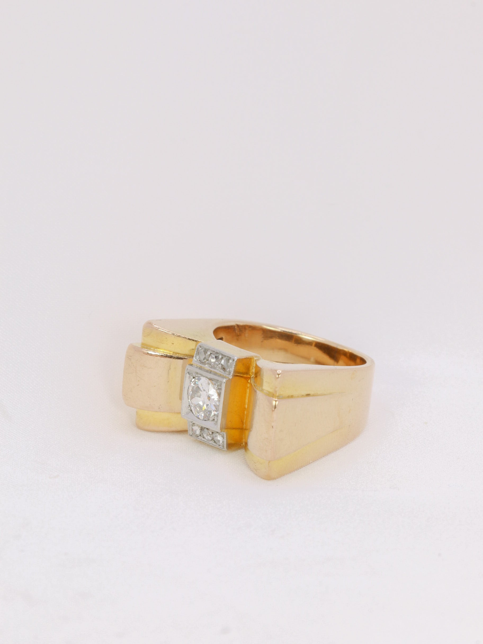 Tank ring in gold, platinum and old cut diamond 0.55 ct