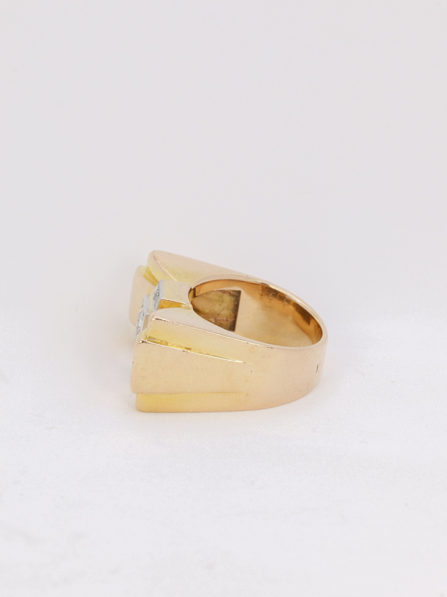 Tank ring in gold, platinum and old cut diamond 0.55 ct