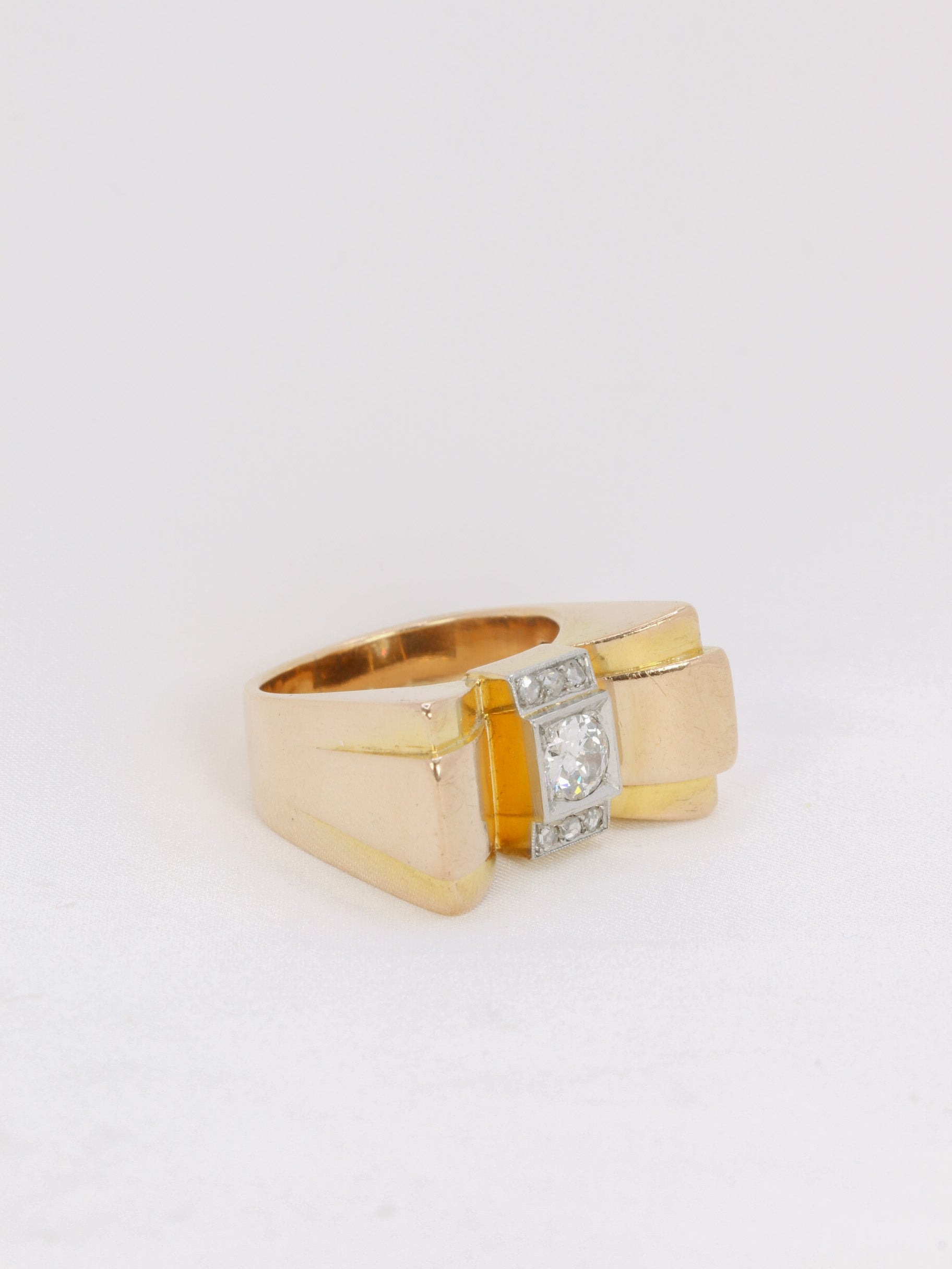 Tank ring in gold, platinum and old cut diamond 0.55 ct