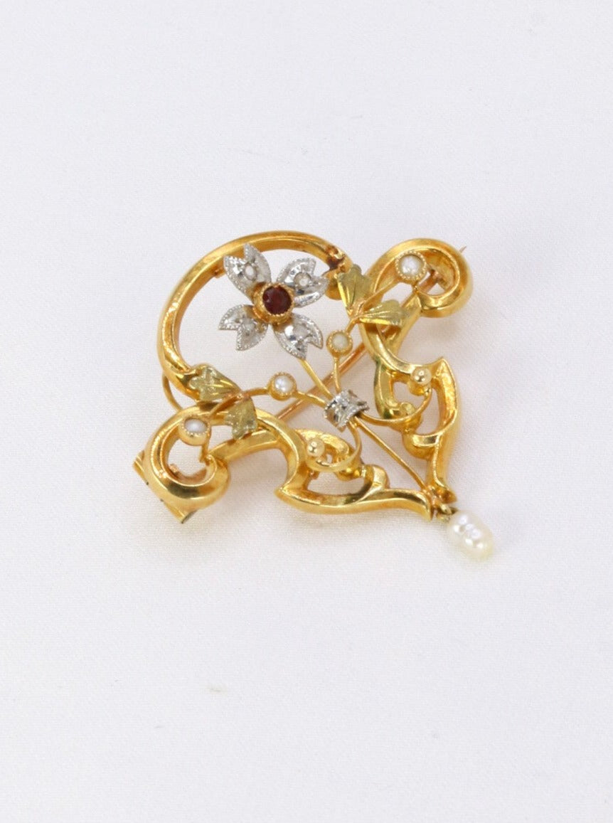 Broche Pendentif Art Nouveau or perles fines diamants grenat