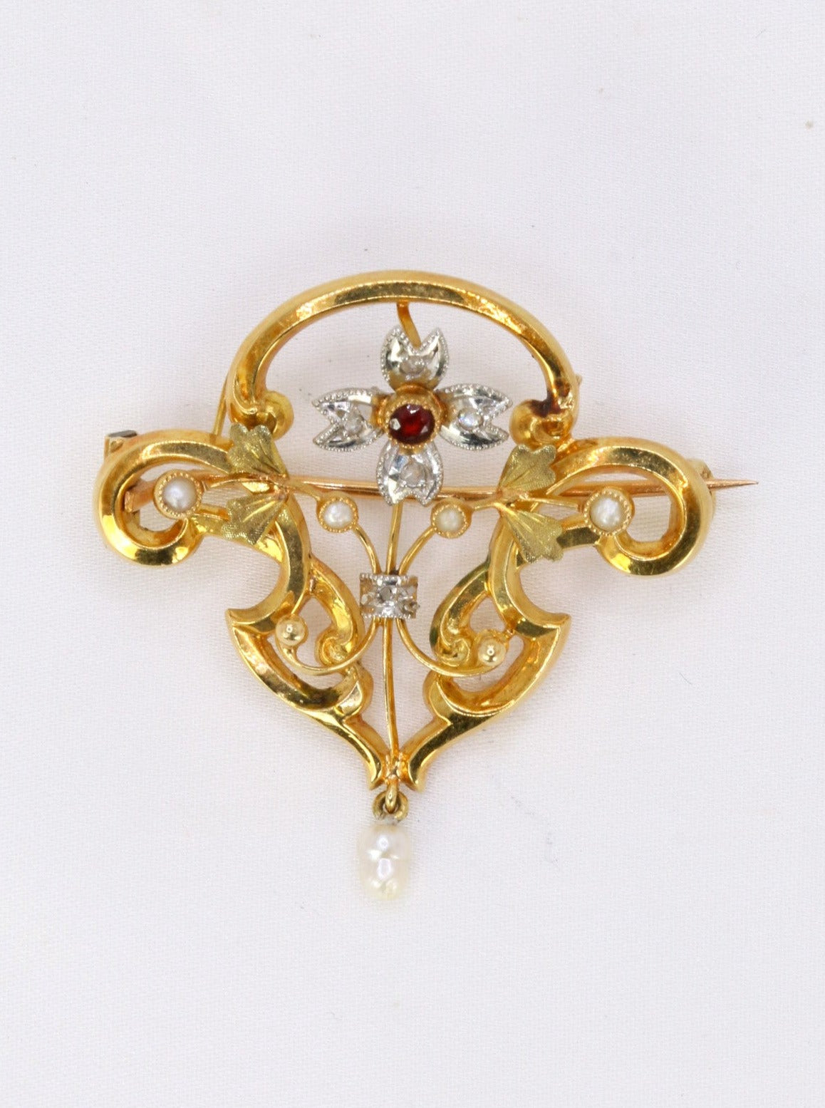 Broche Pendentif Art Nouveau or perles fines diamants grenat