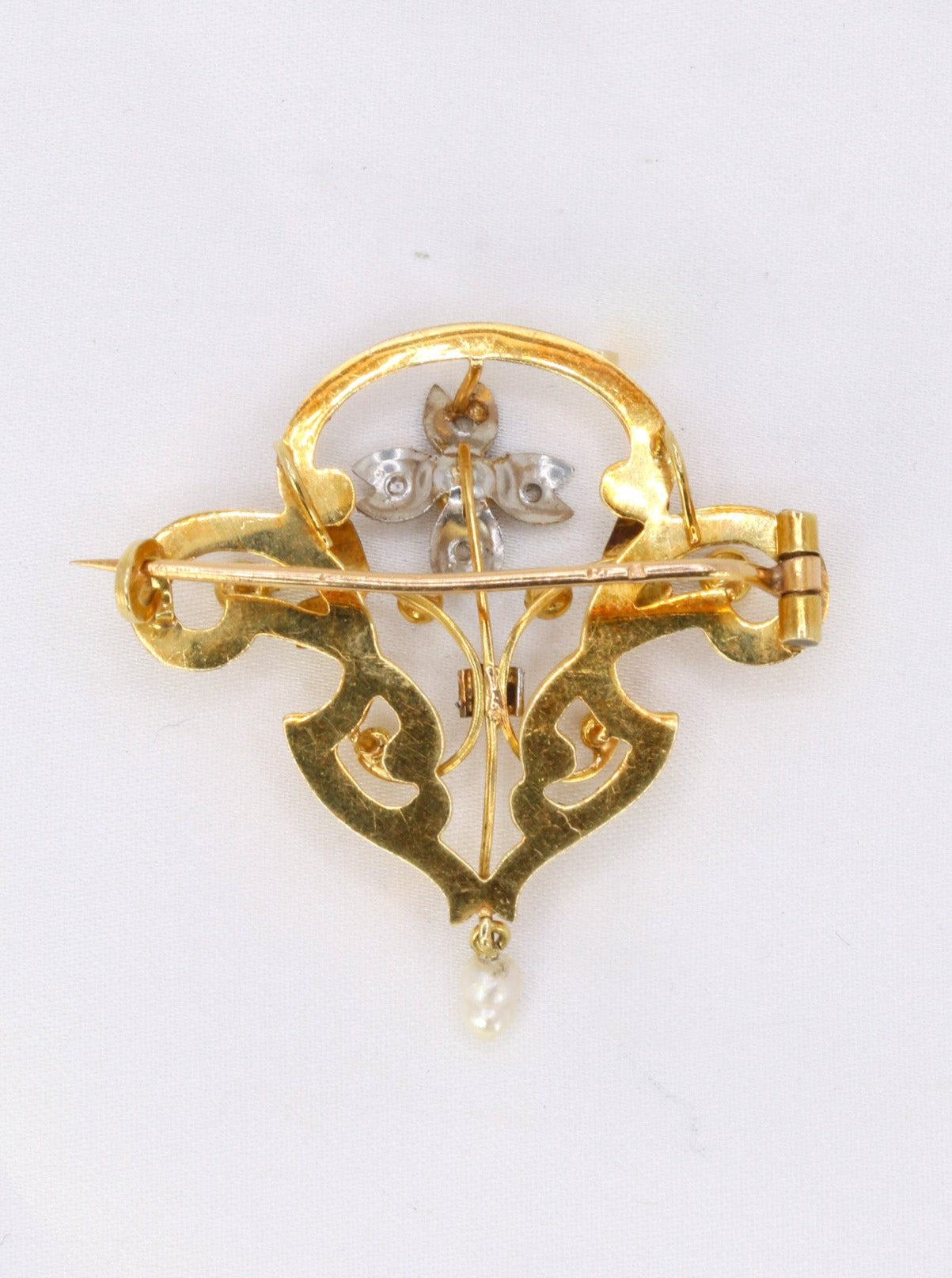 Broche Pendentif Art Nouveau or perles fines diamants grenat