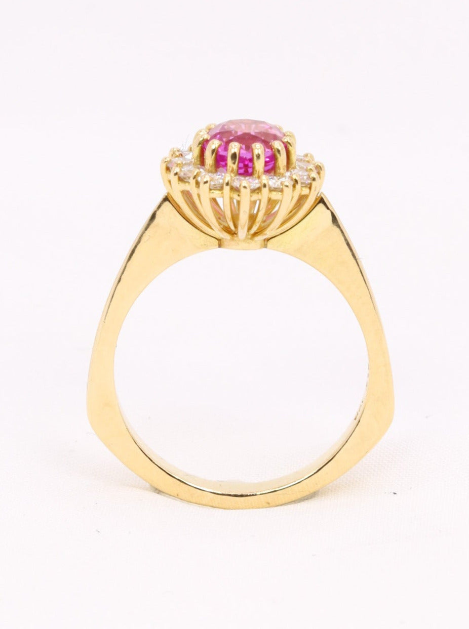 Bague marguerite vintage diamants saphir rose 1,3 carats