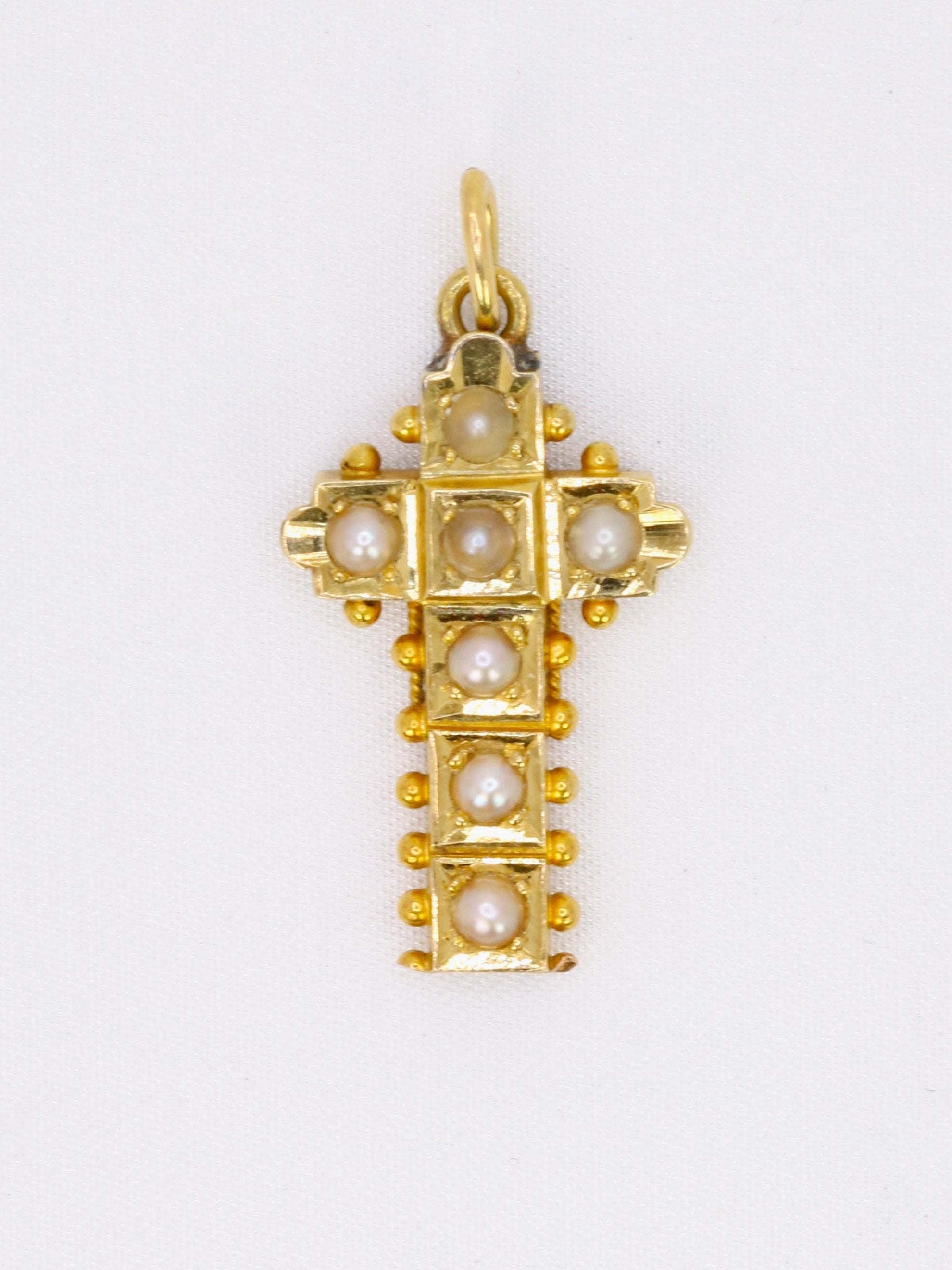 Pendentif croix ancien en or perles fines