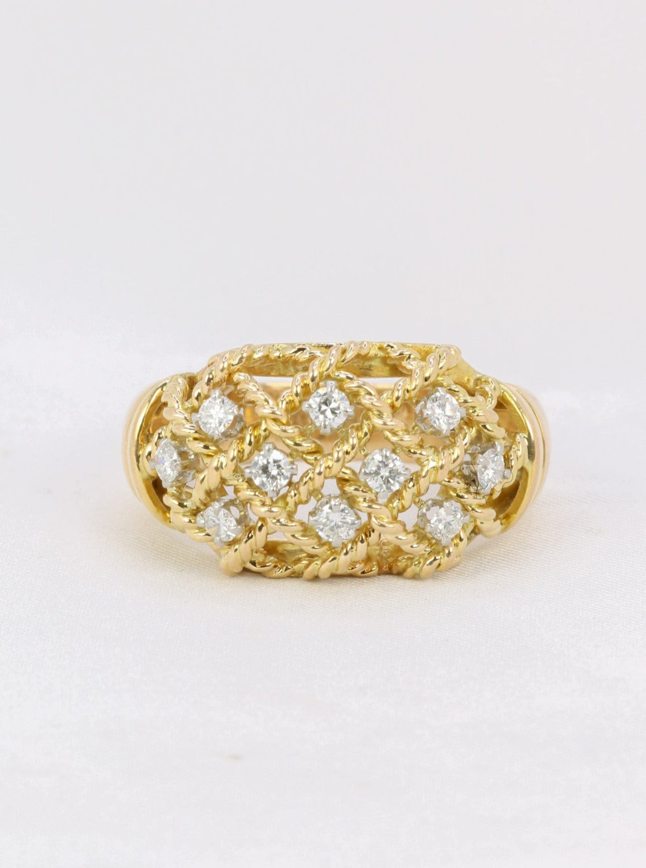 Bague vintage fils d'or torsadés & diamants