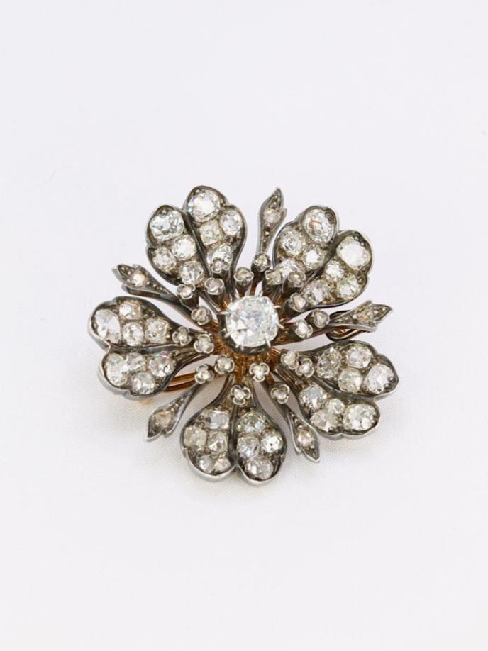 Broche ancienne fleur or argent diamants taille ancienne