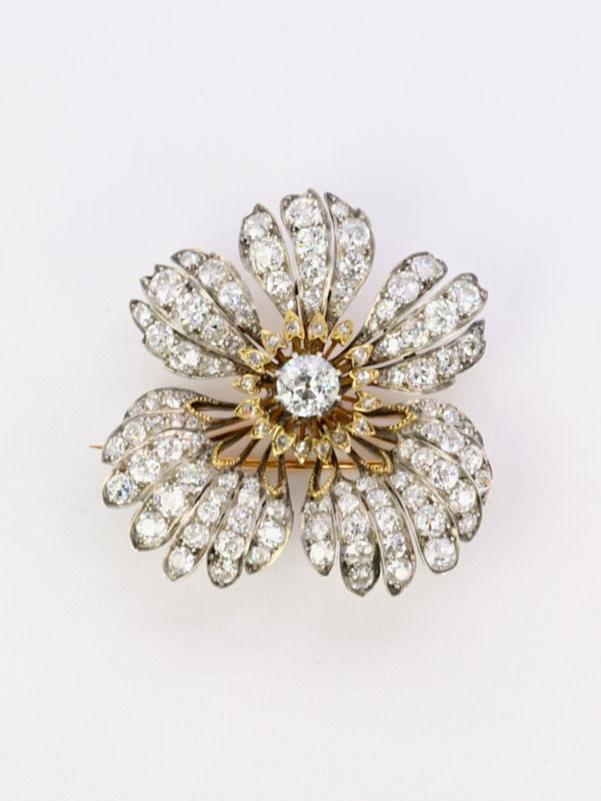 Broche églantine ancienne or argent diamants