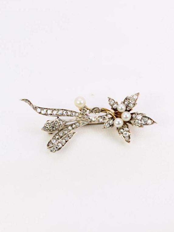 Broche Erable Or Diamants Perles Fines