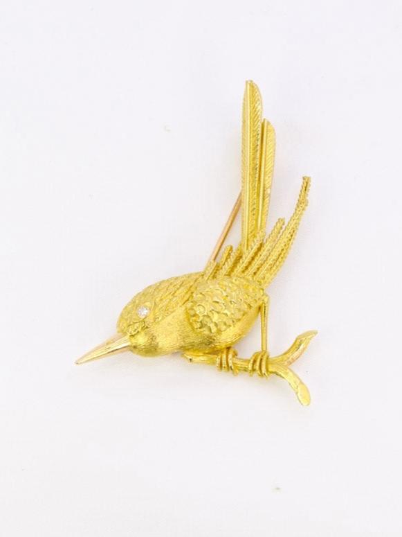 Broche animalière vintage Oiseau or jaune diamant