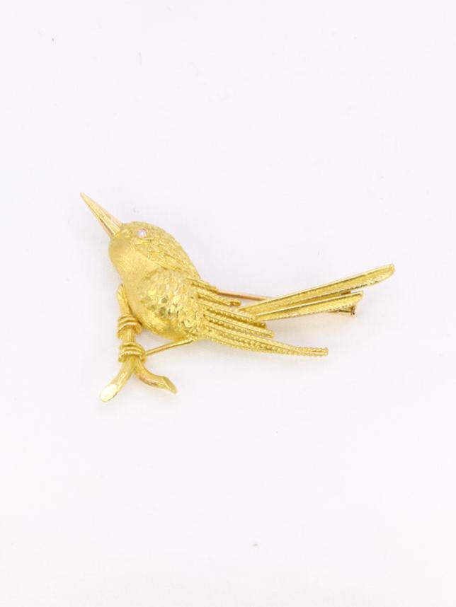 Broche animalière vintage Oiseau or jaune diamant