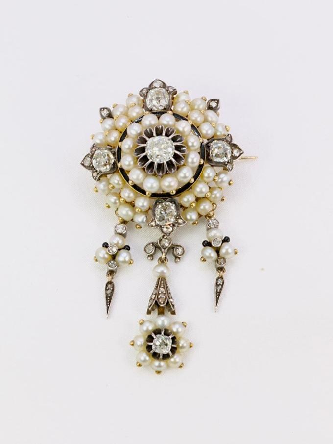 Broche ancienne guirlande or argent perles fines diamants taille ancienne