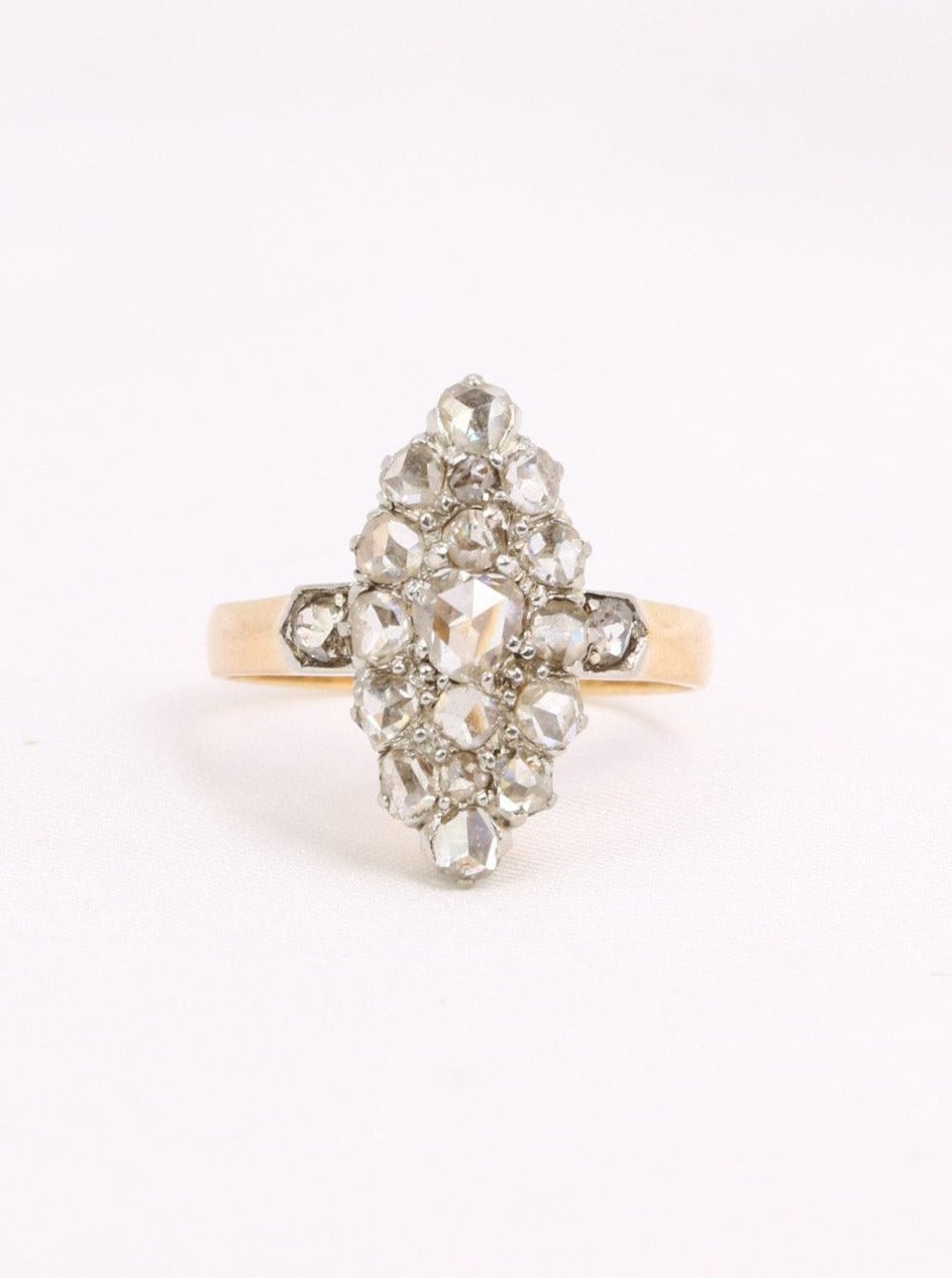 Bague marquise ancienne or platine diamants taille rose