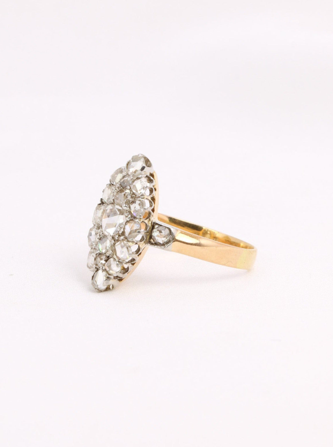 Bague marquise ancienne or platine diamants taille rose