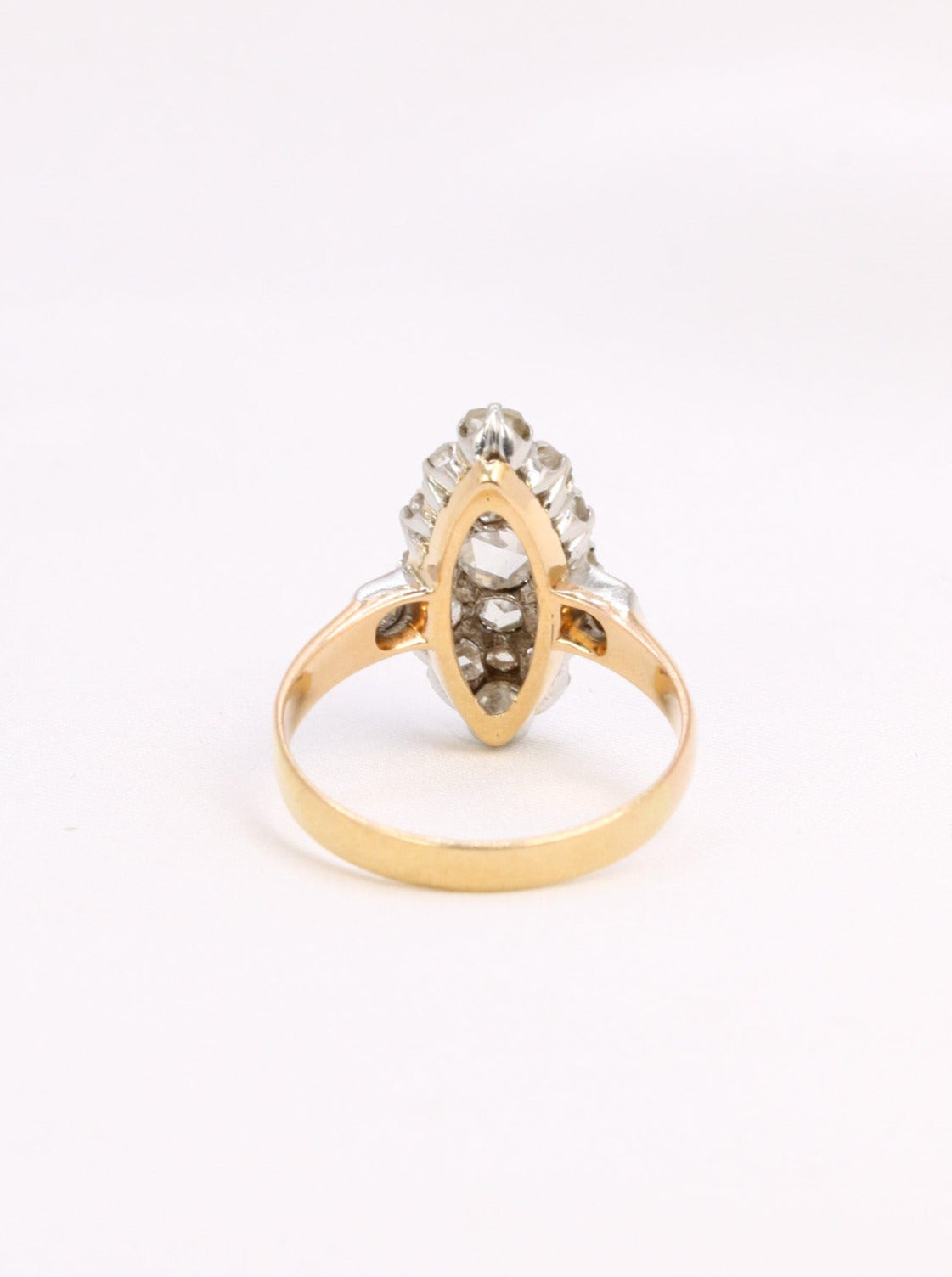 Bague marquise ancienne or platine diamants taille rose