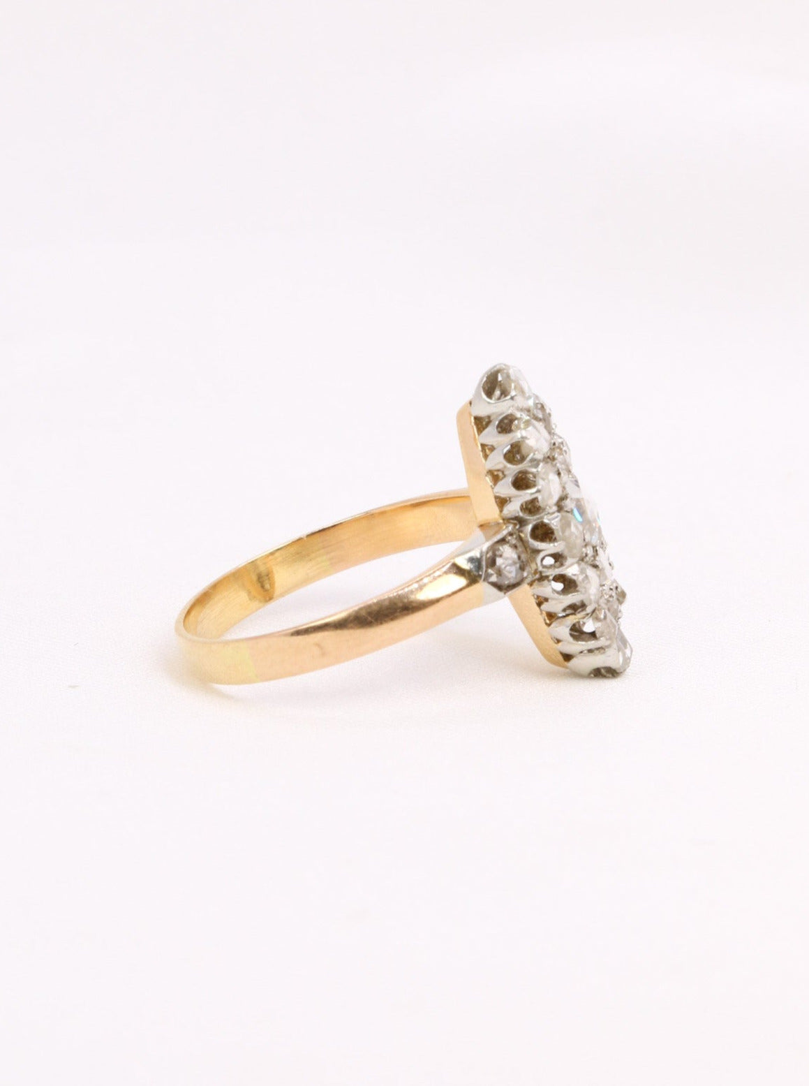 Bague marquise ancienne or platine diamants taille rose