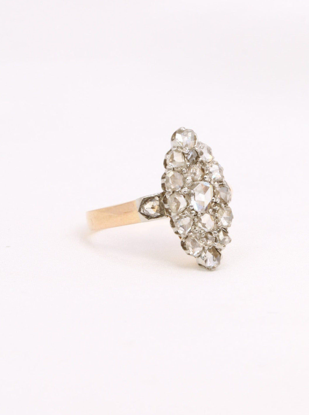 Bague marquise ancienne or platine diamants taille rose