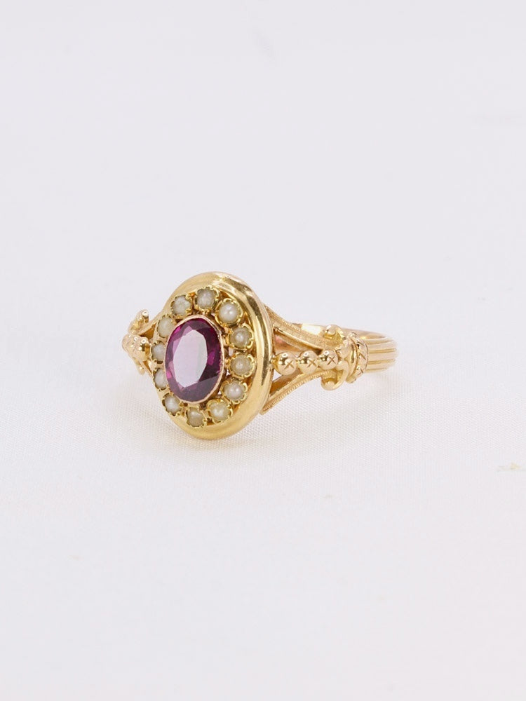 Bague victorienne or jaune grenat perles fines