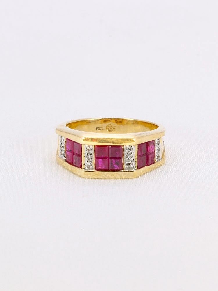 Bague vintage or jaune rubis calibrés diamants