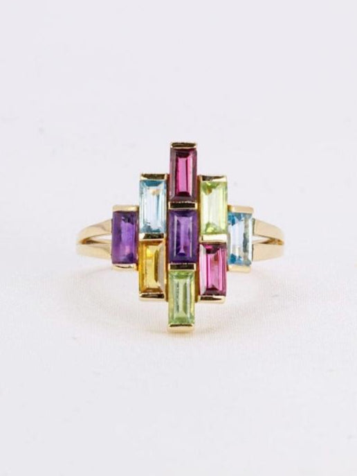 Bague géométrique vintage or jaune améthyste topaze péridot citrine grenat