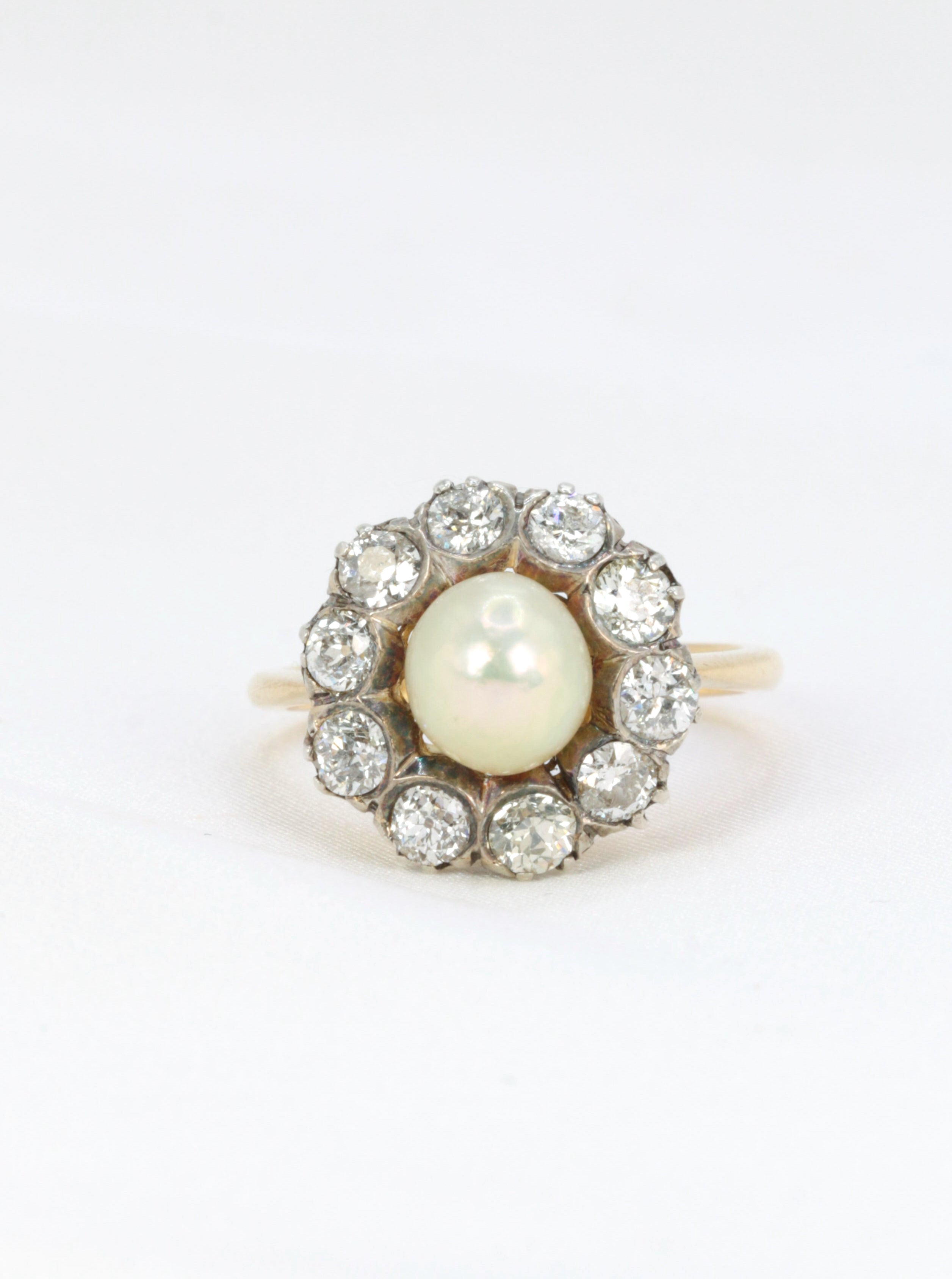 Bague marguerite or jaune argent diamants perle fine