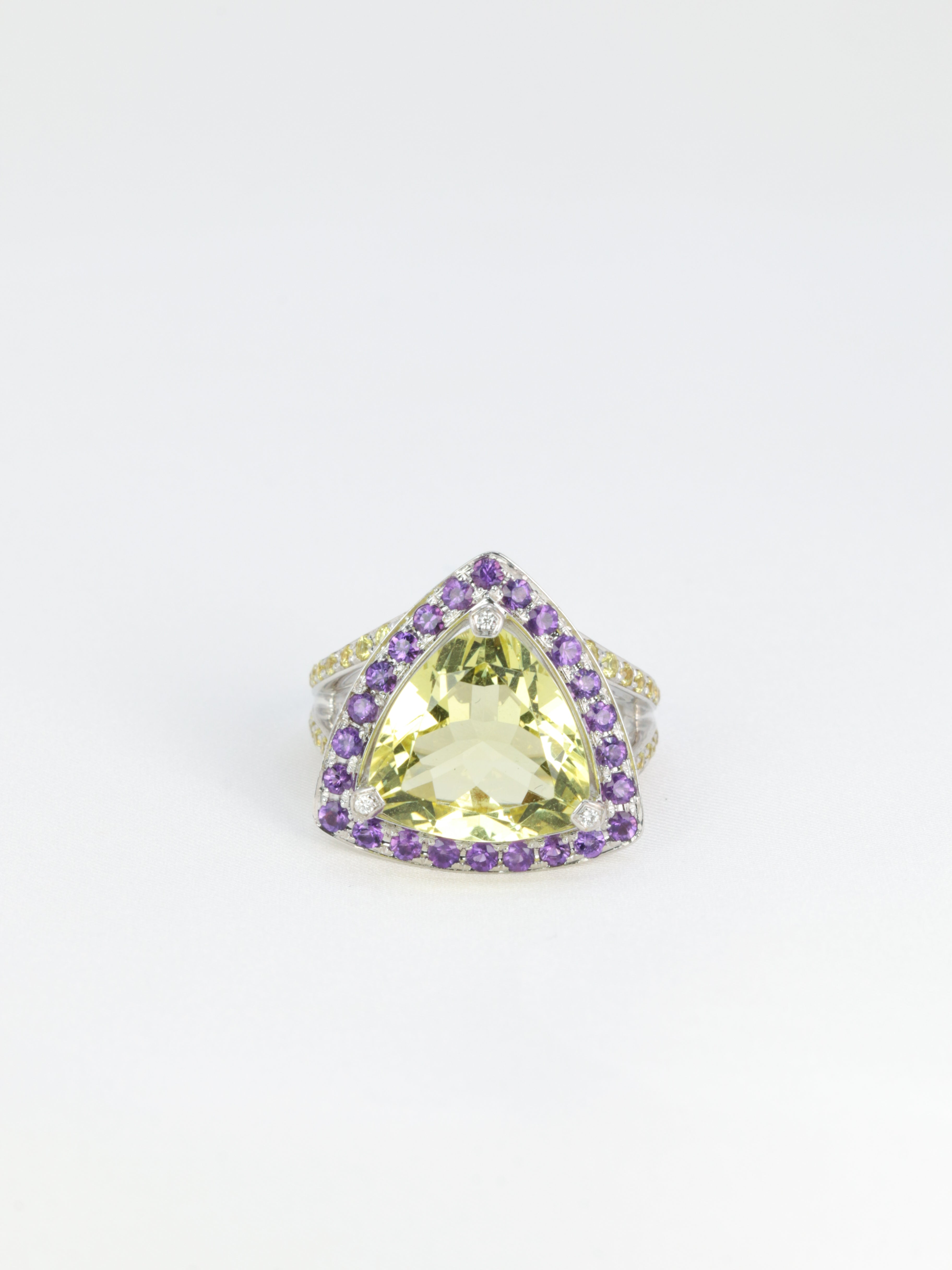 Mauboussin vintage ring in white gold, lemon quartz, amethyst and sapphires