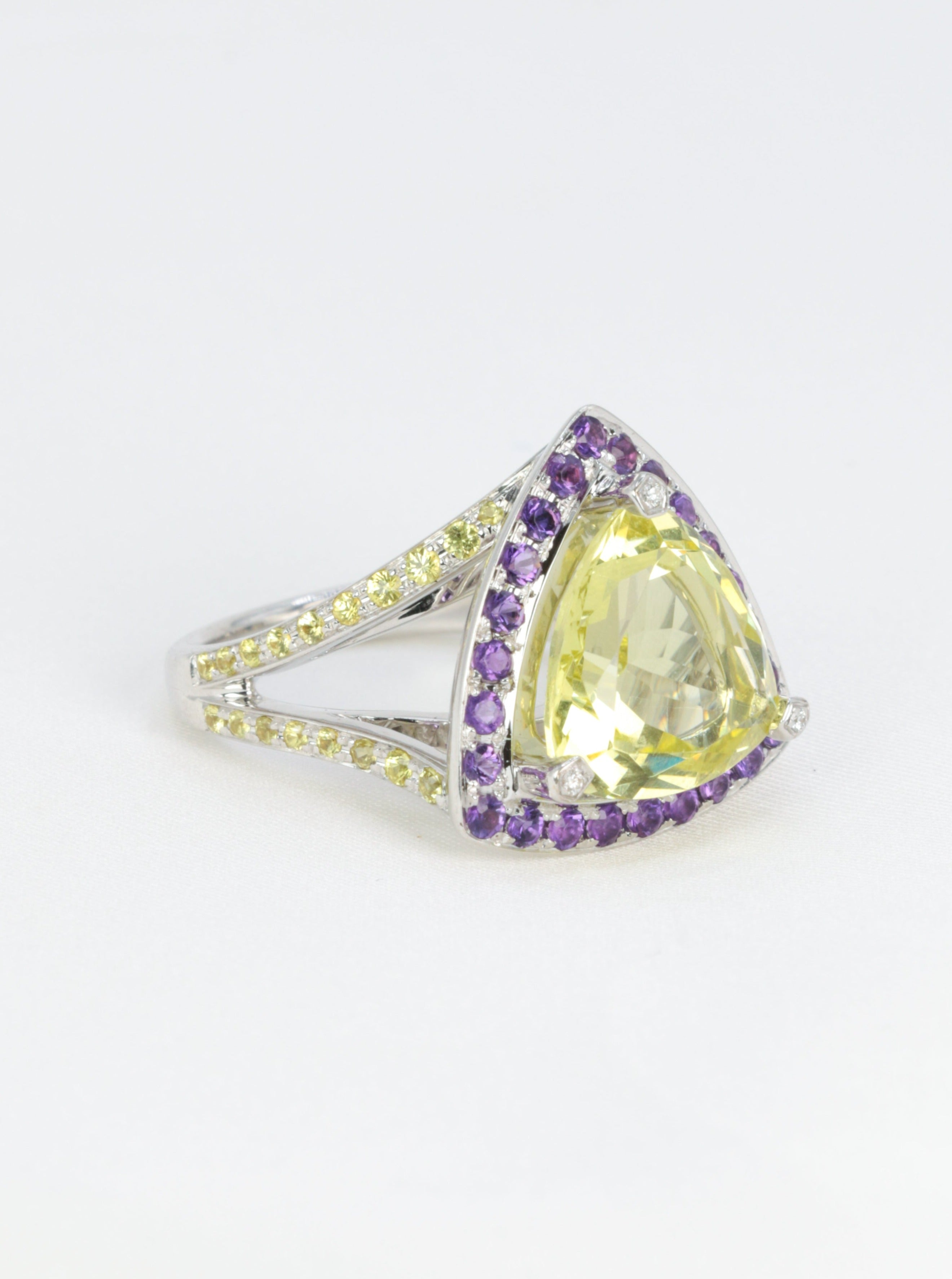 Mauboussin vintage ring in white gold, lemon quartz, amethyst and sapphires