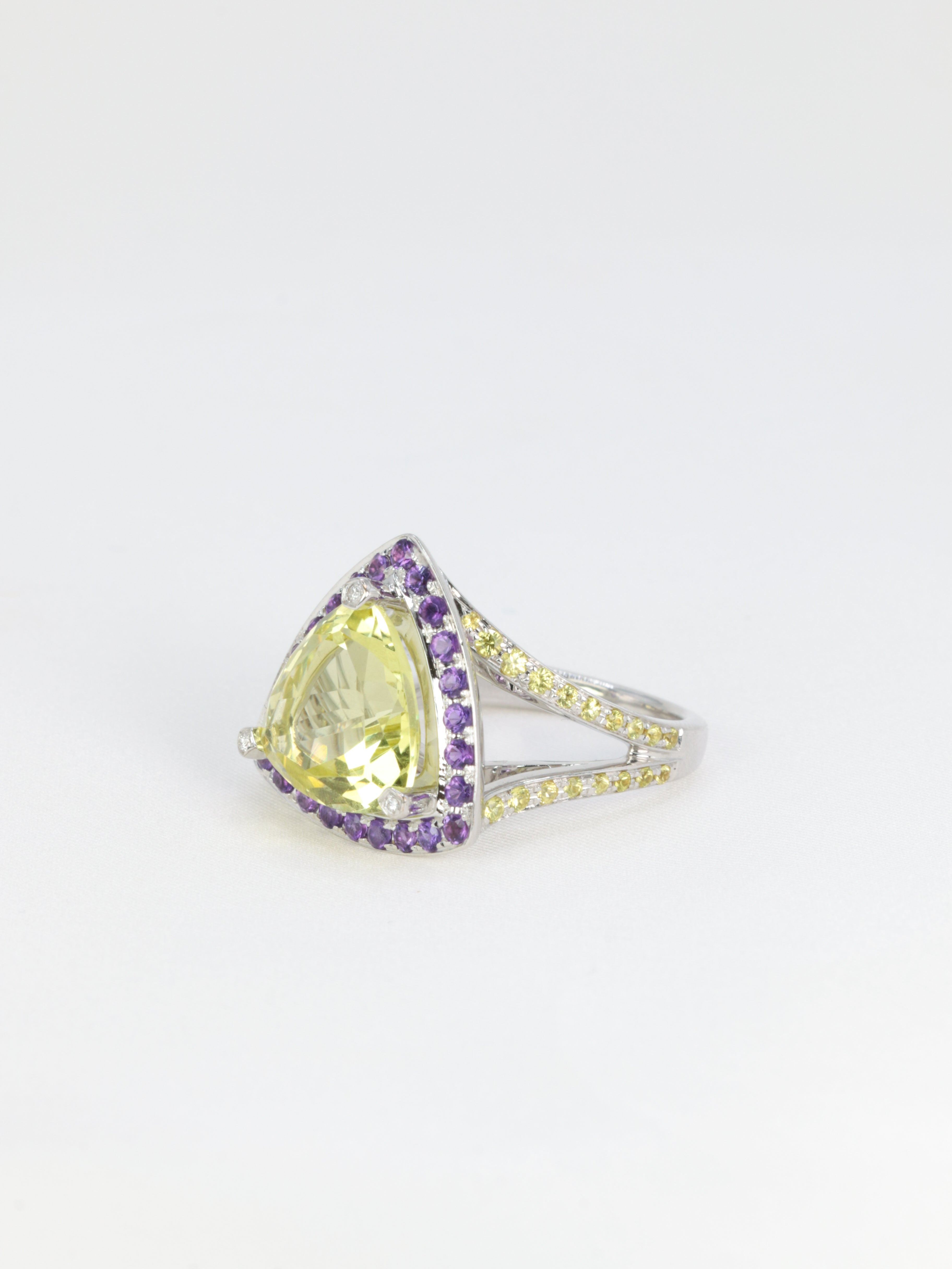 Mauboussin vintage ring in white gold, lemon quartz, amethyst and sapphires