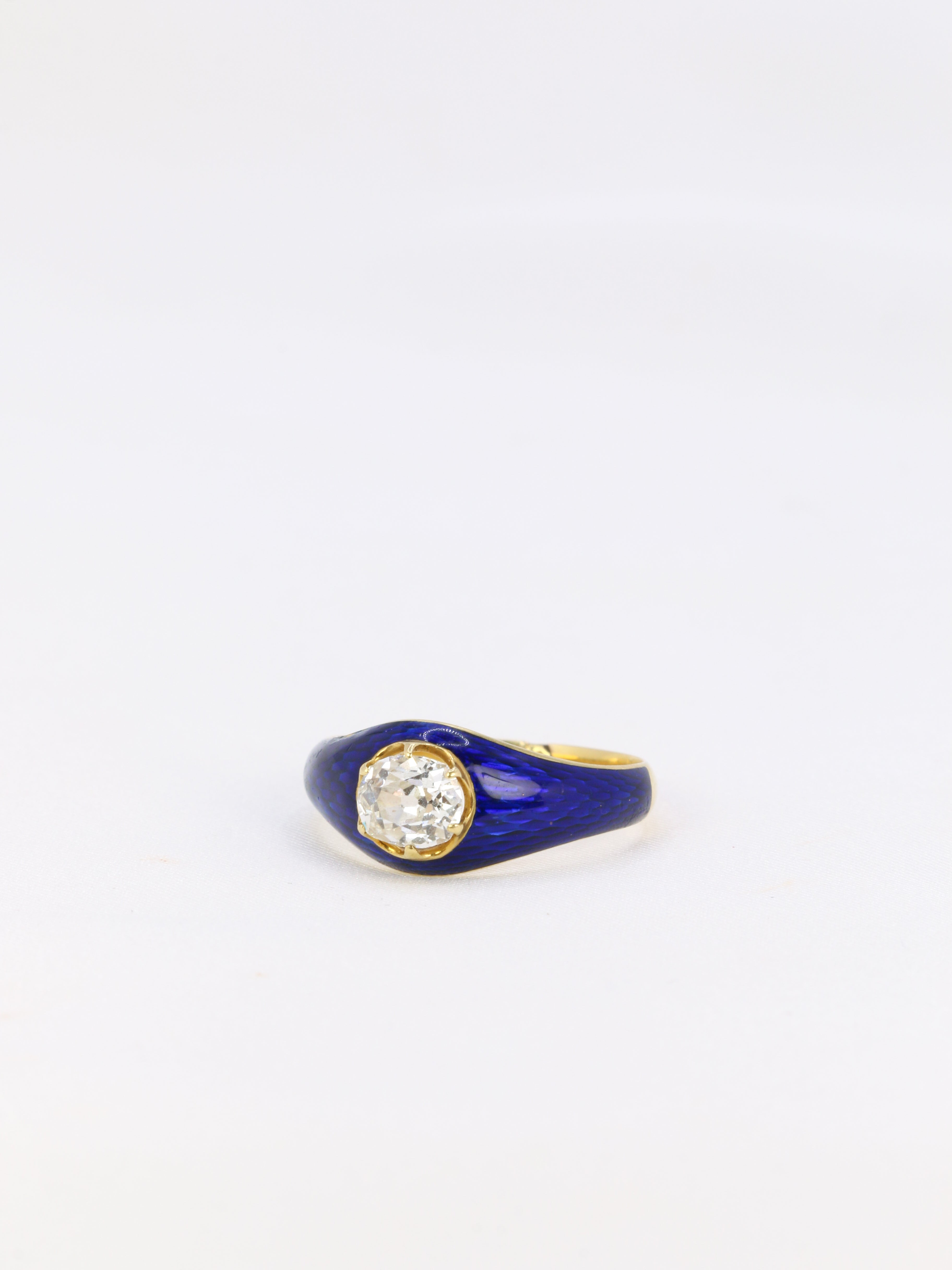 Bague solitaire or jaune diamant émail bleu