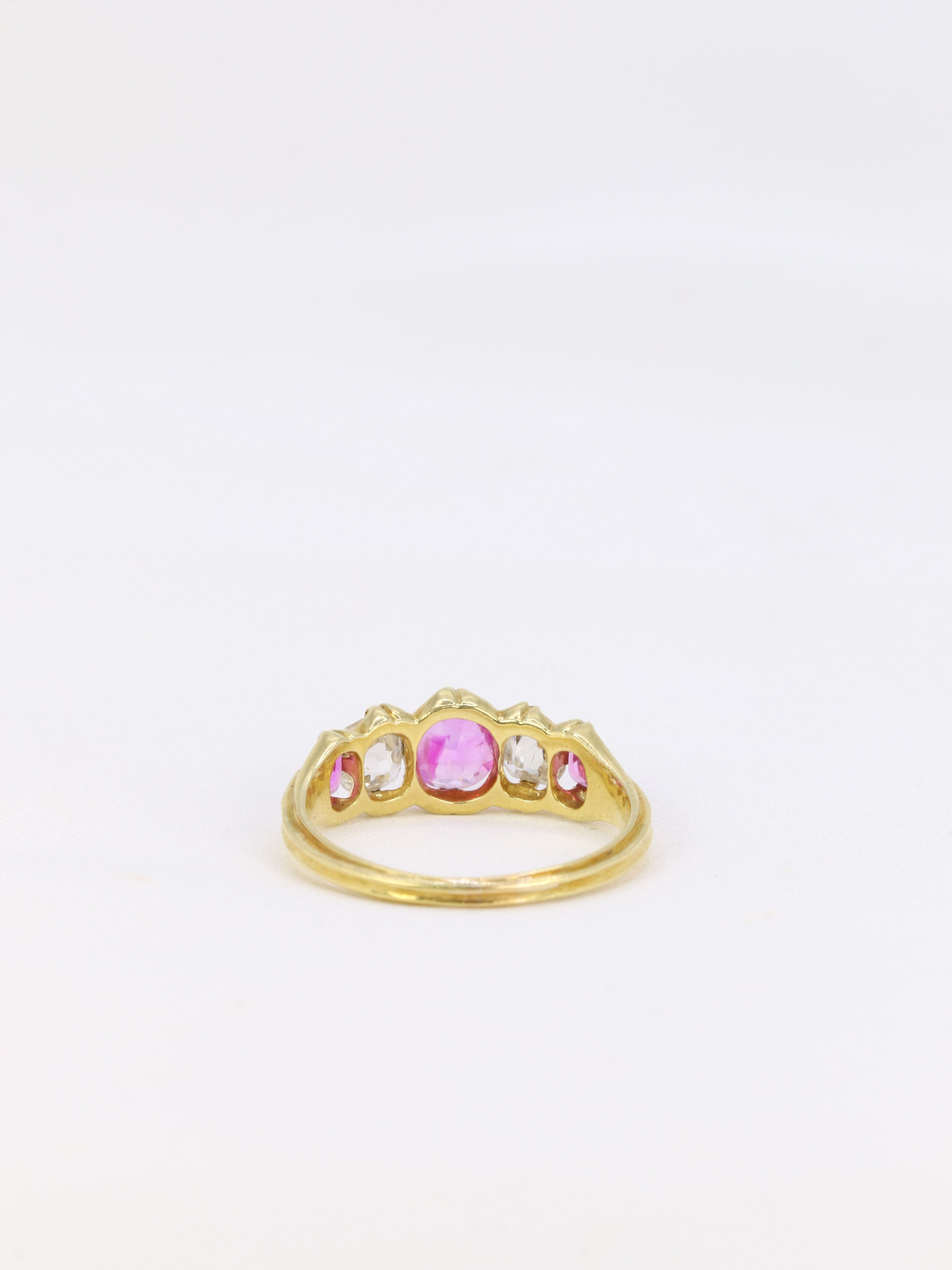 Yellow gold garter ring, pink sapphires and old-cut diamonds