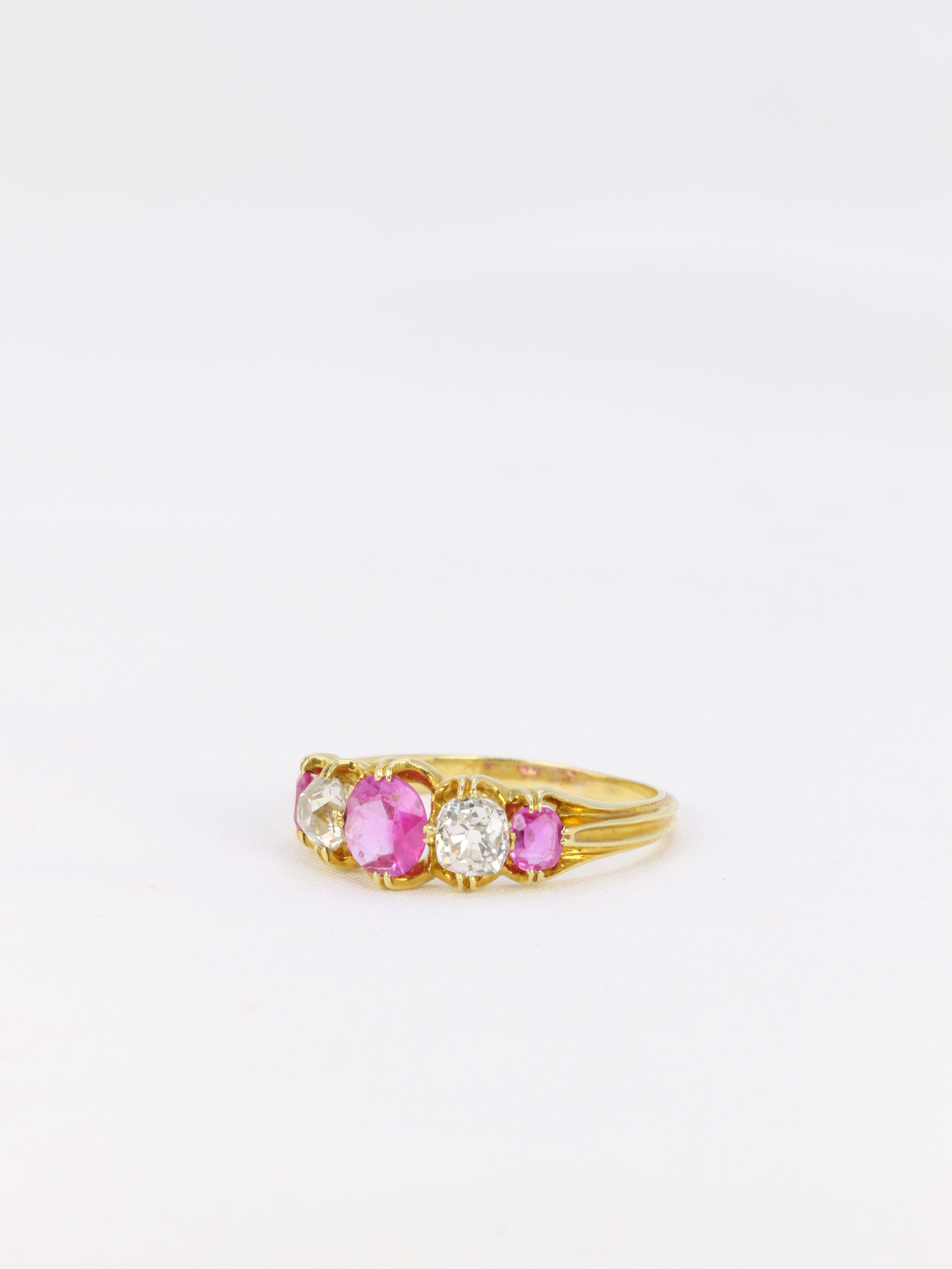 Yellow gold garter ring, pink sapphires and old-cut diamonds