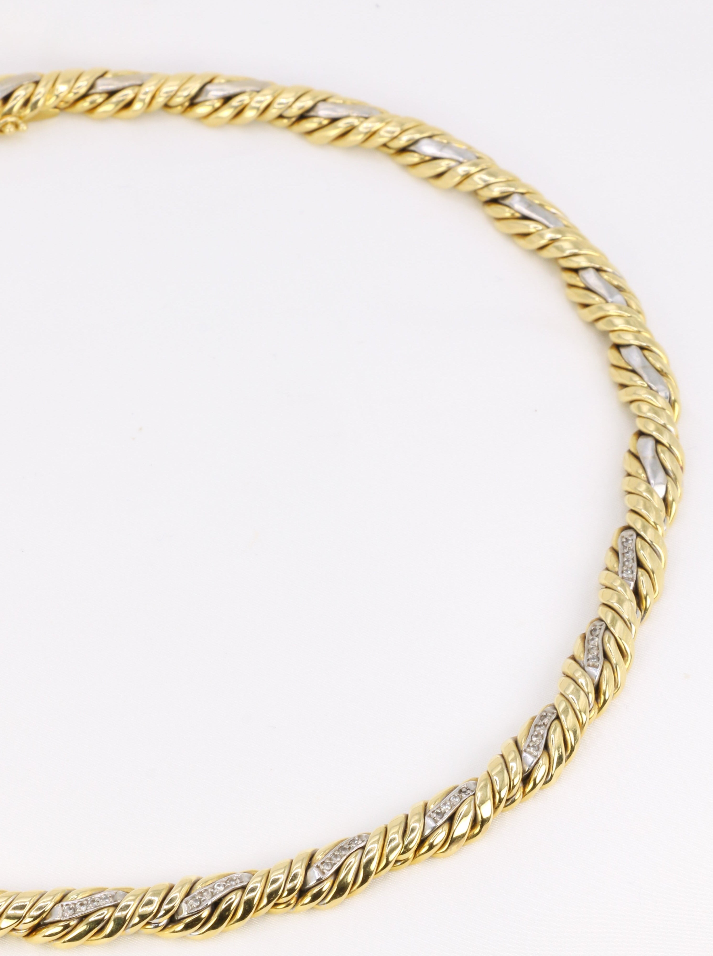 Vintage braided necklace in 2 tones of gold and diamonds