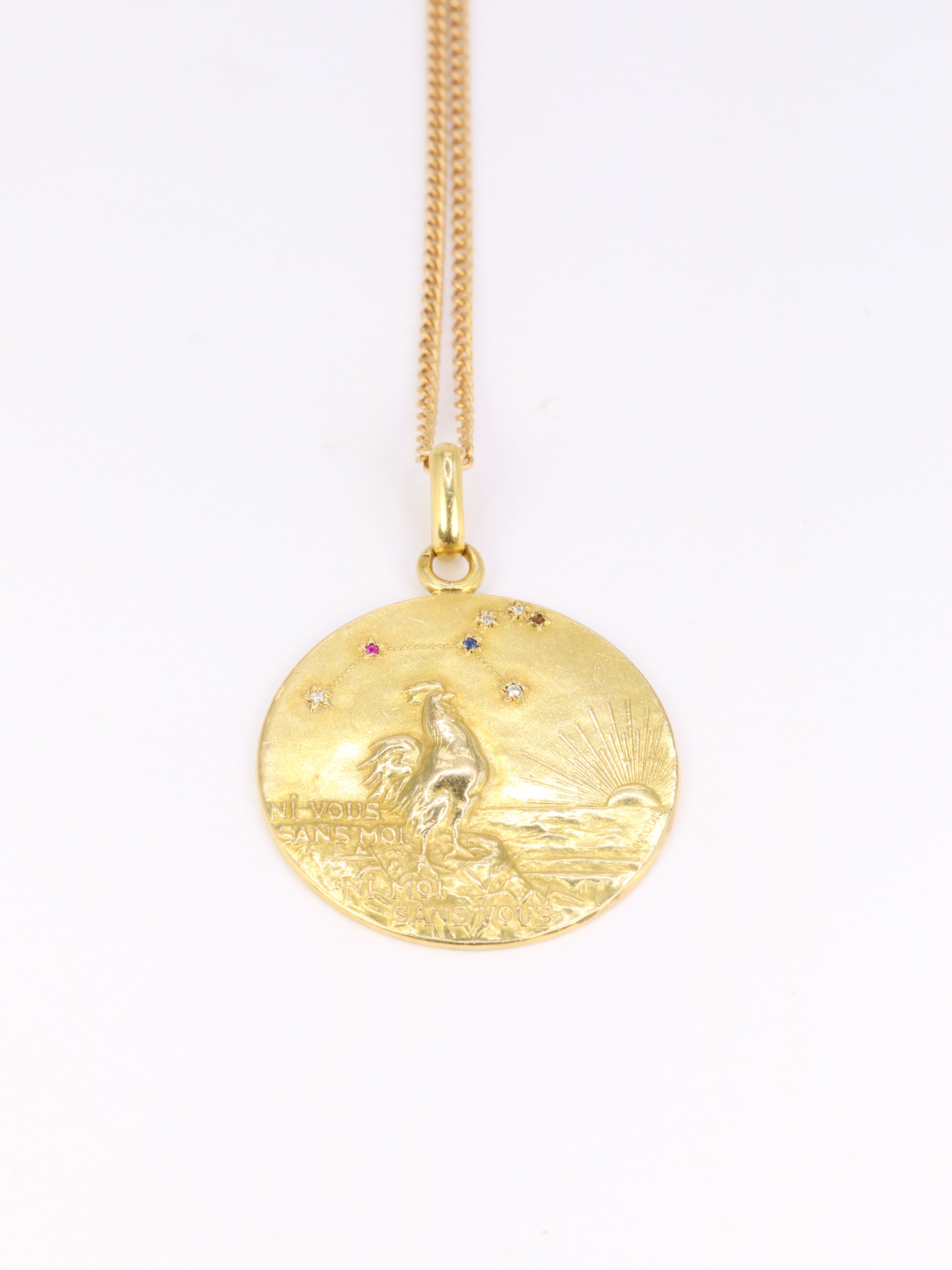 Rare Augis Coq Medal Neither you without me, Nor me without you in gold, rubies, sapphires and diamonds