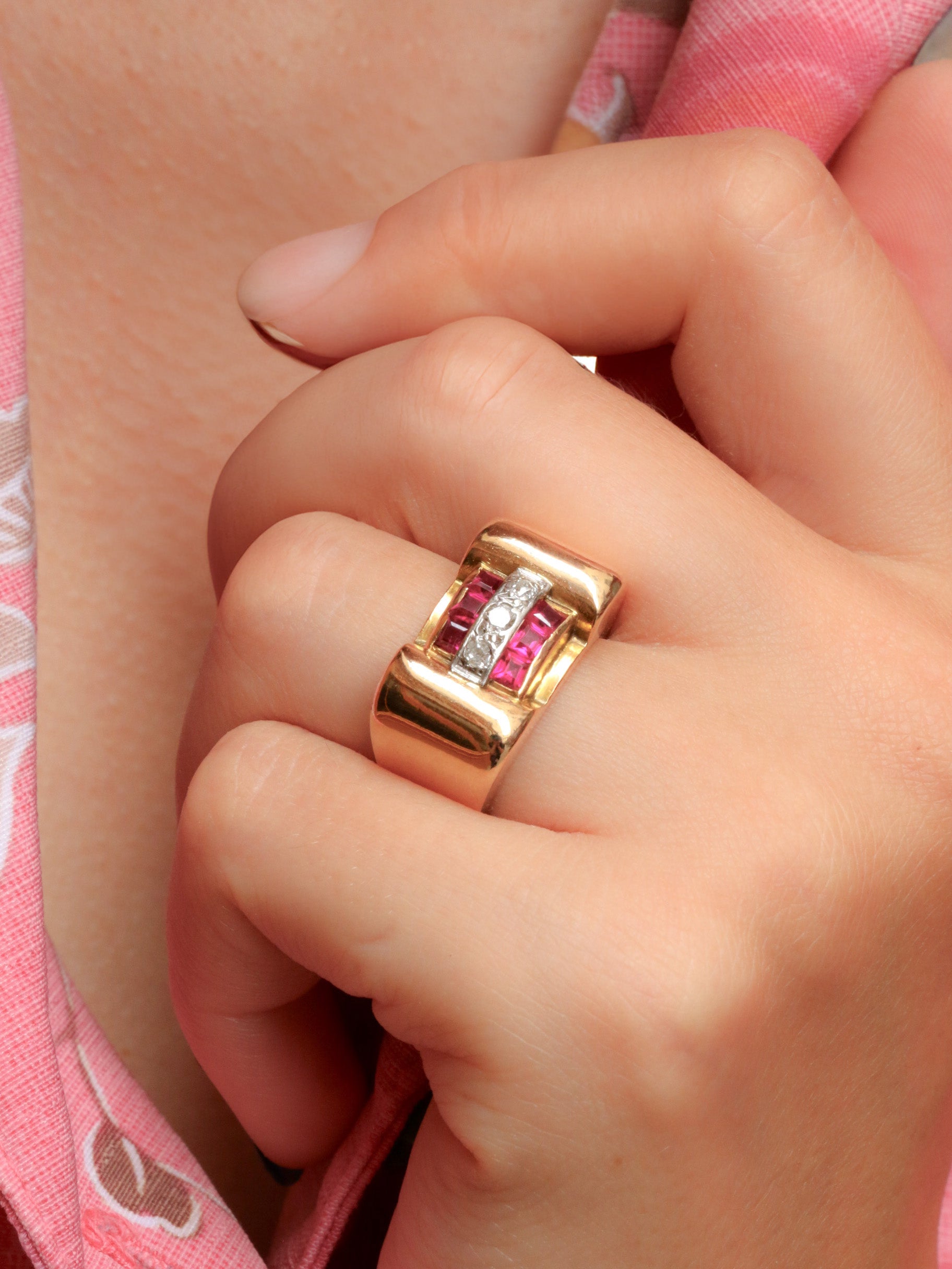 Bague tank or diamants rubis