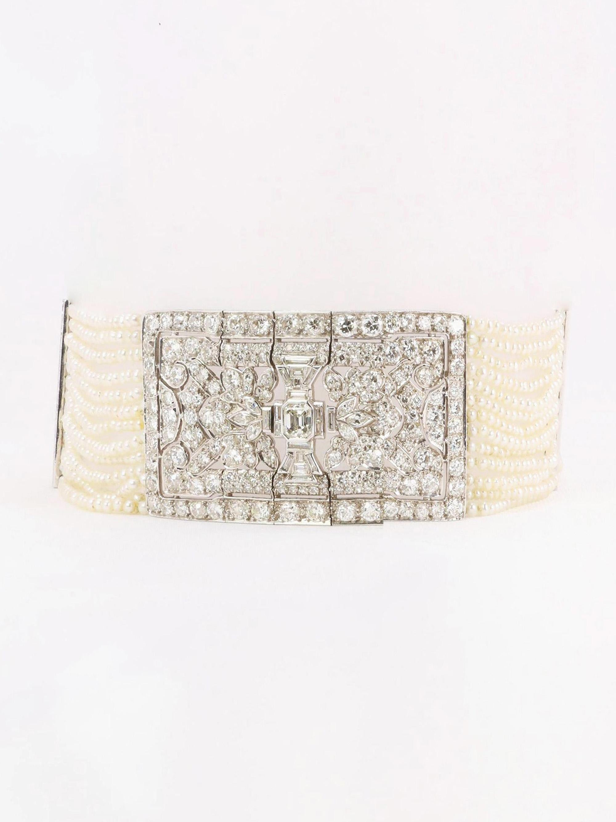 Collier Art Déco diamants perles fines platine