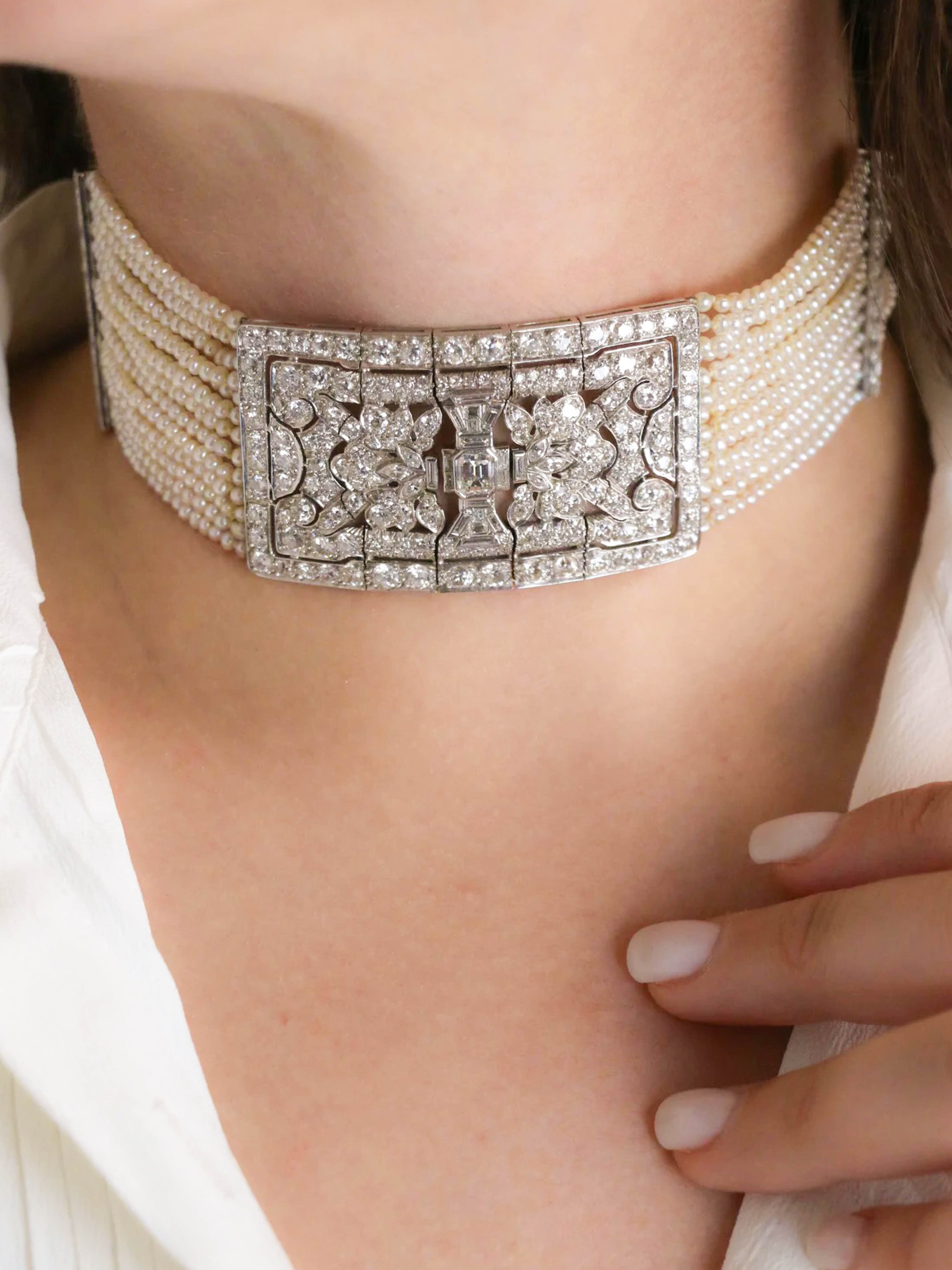 Collier Art Déco diamants perles fines platine