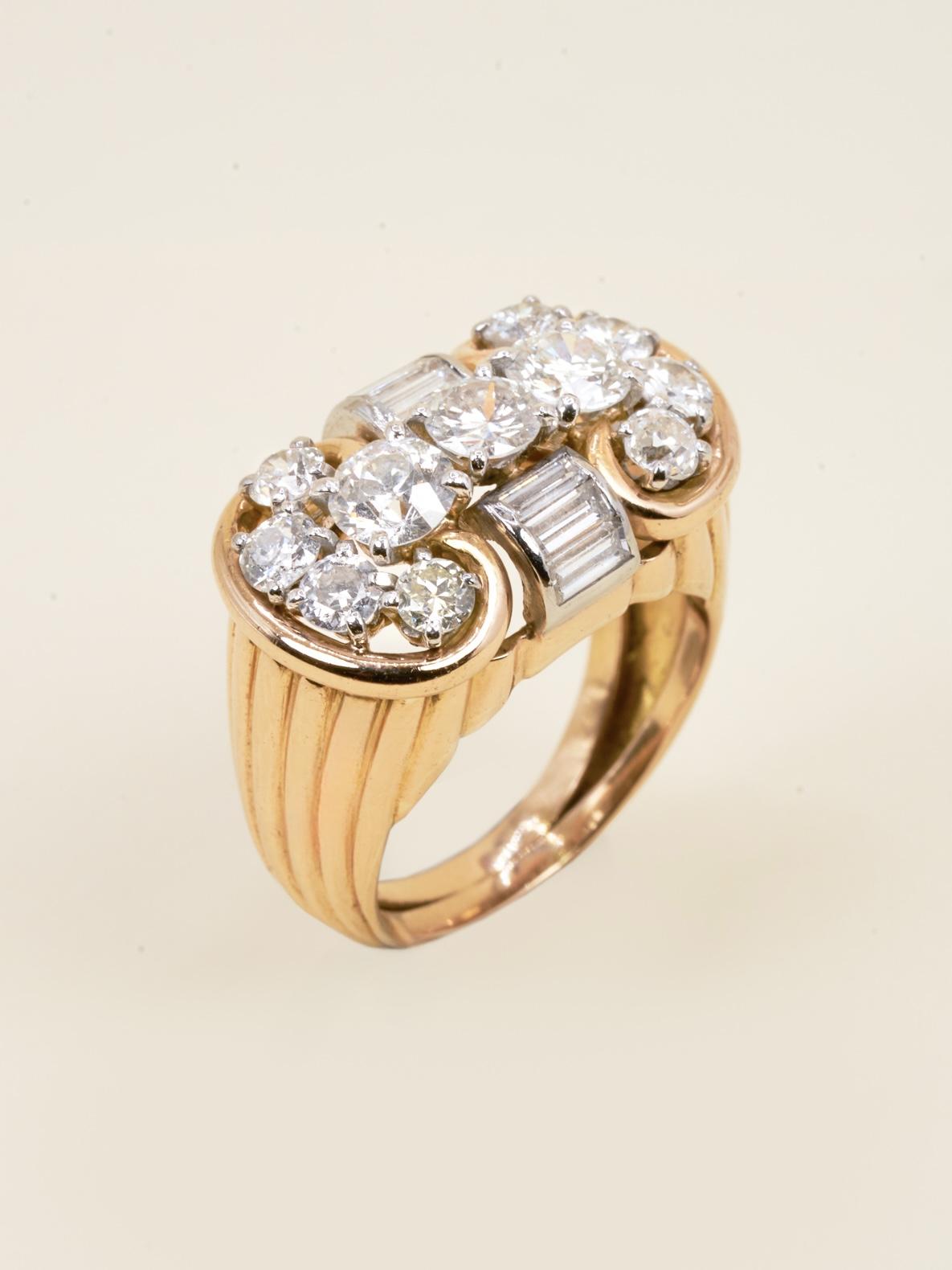 Bague godrons vintage or jaune diamants