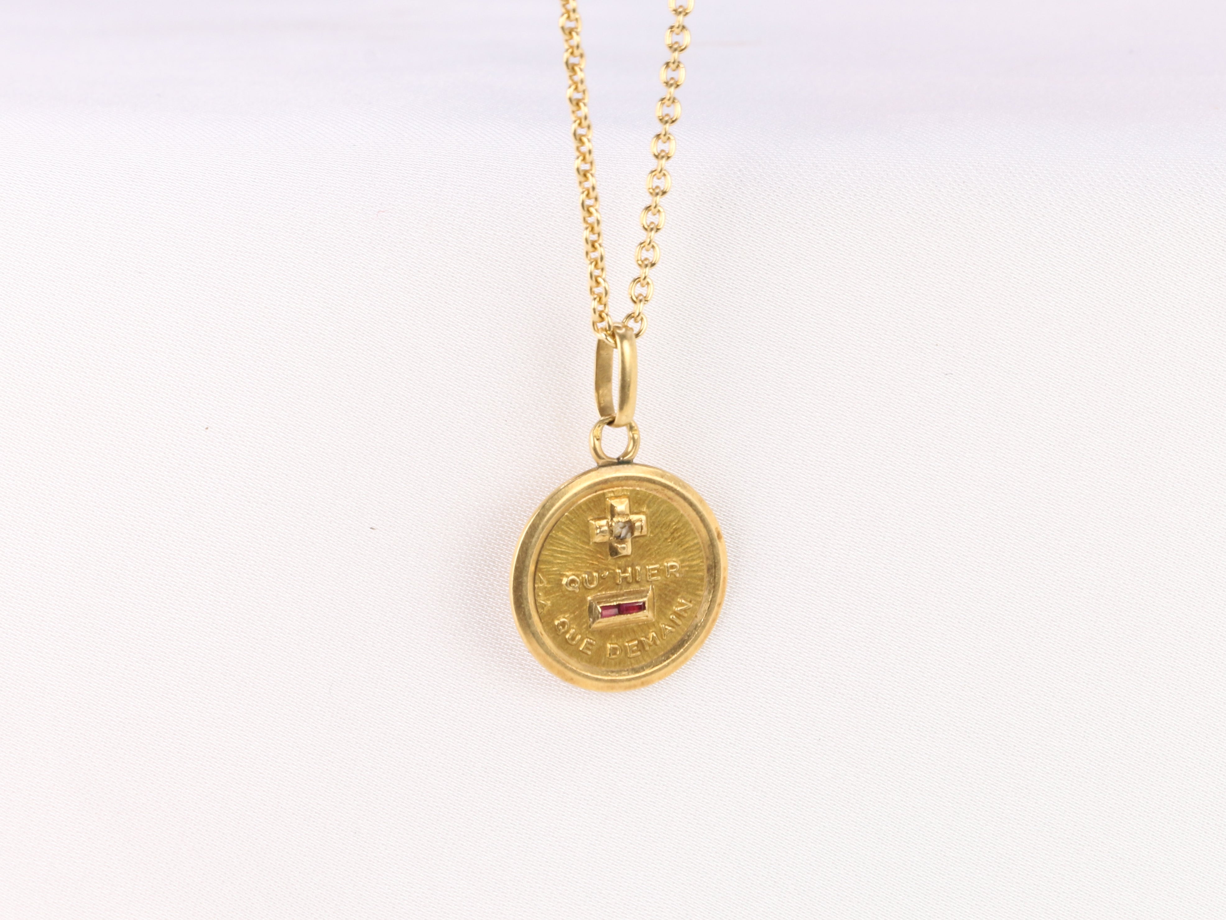 Small love medal in yellow gold, More than yesterday less than tomorrow, A.Augis - ca 1950