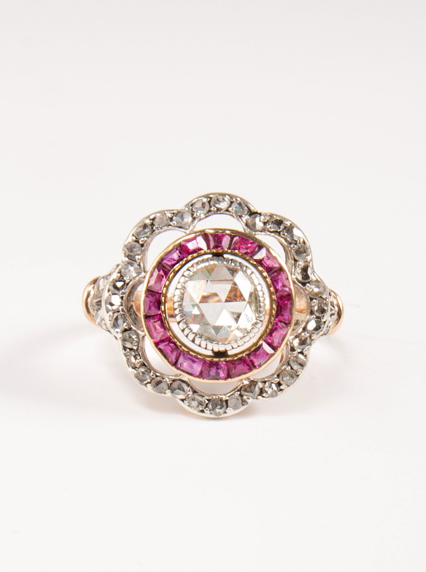 Art Deco Ring Rose Gold Cut Diamonds in Rose and Ruby 