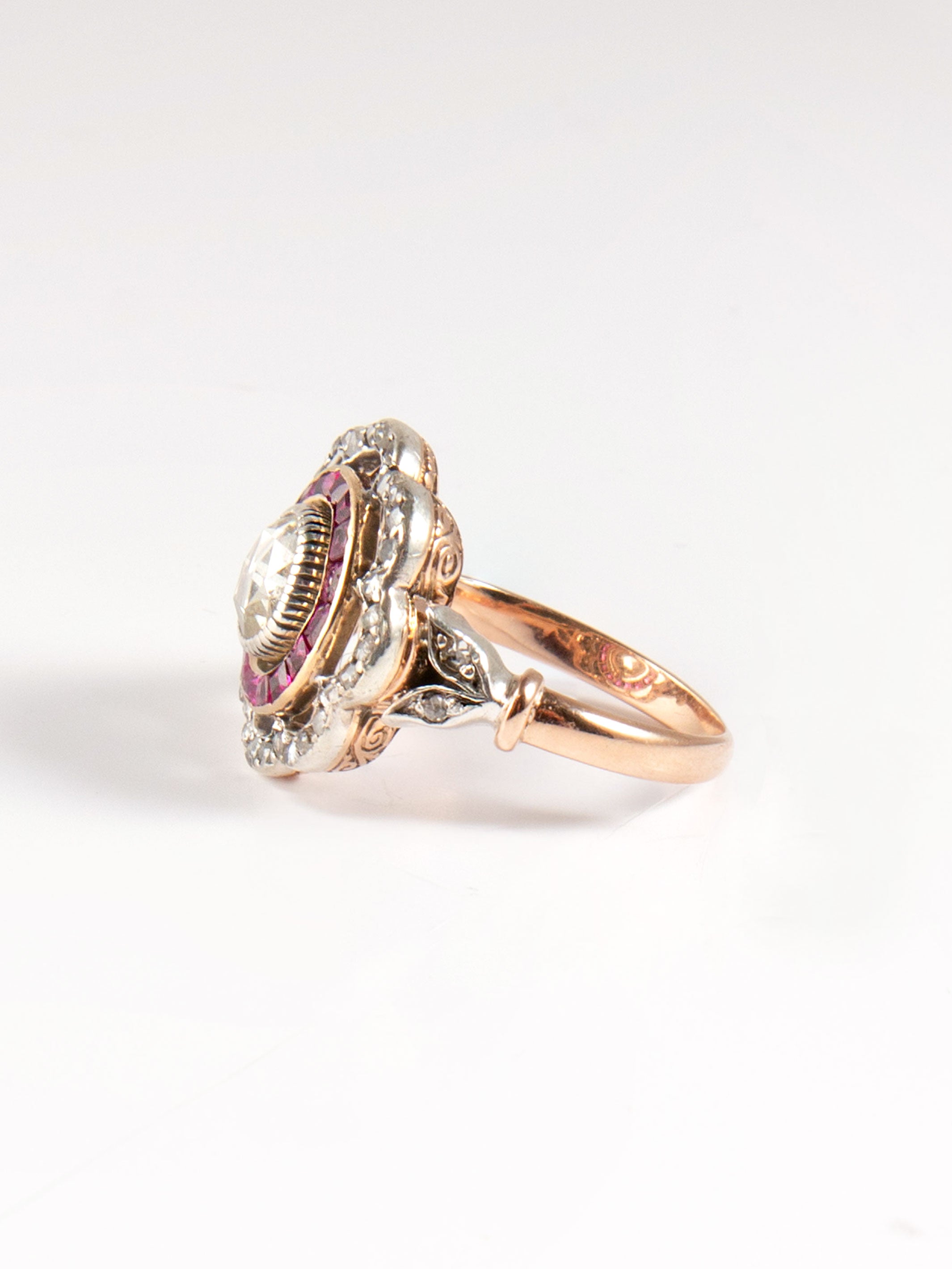 Art Deco Ring Rose Gold Cut Diamonds in Rose and Ruby 