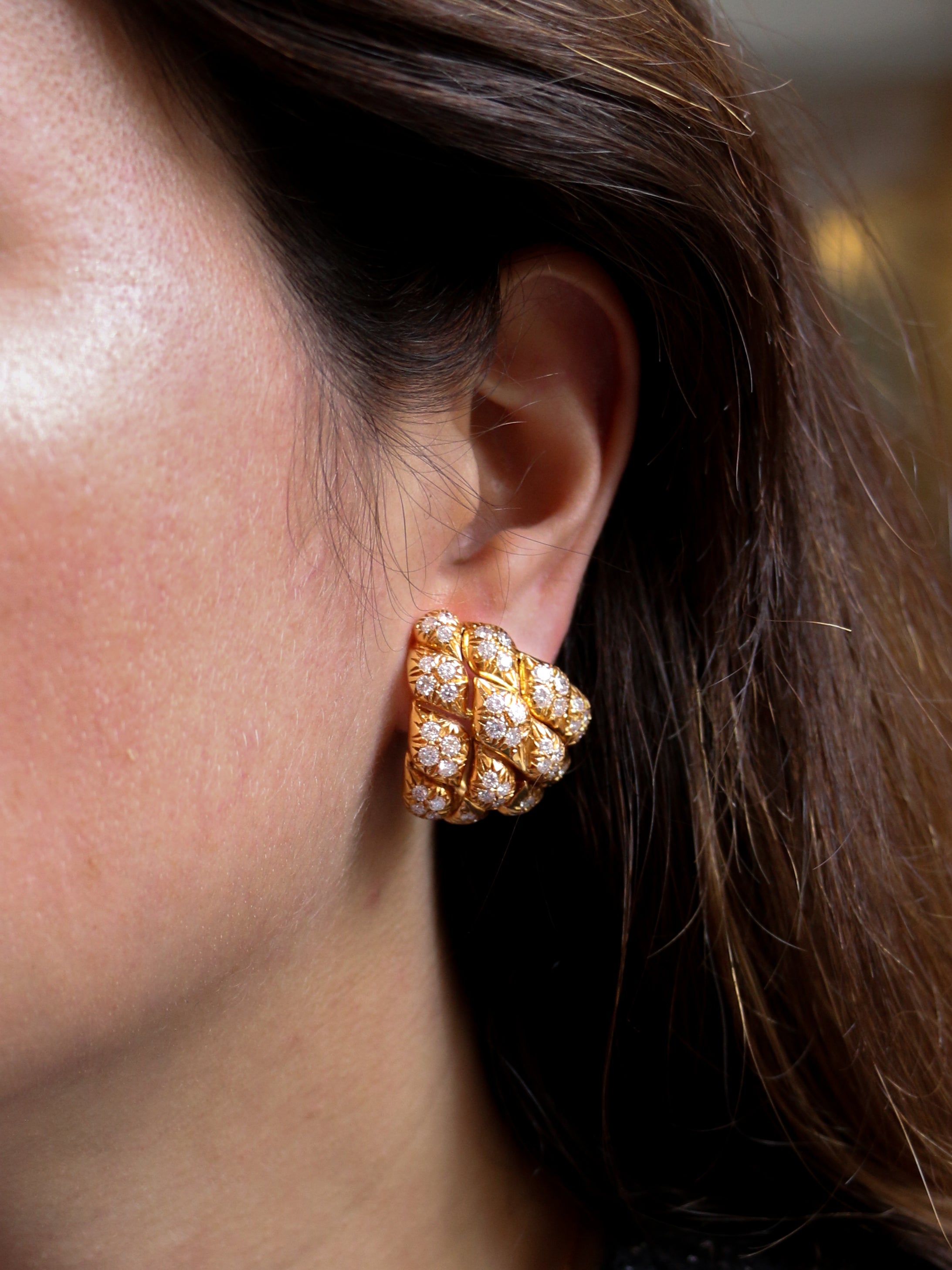 Gold and diamond pine cone ear clips, 1970