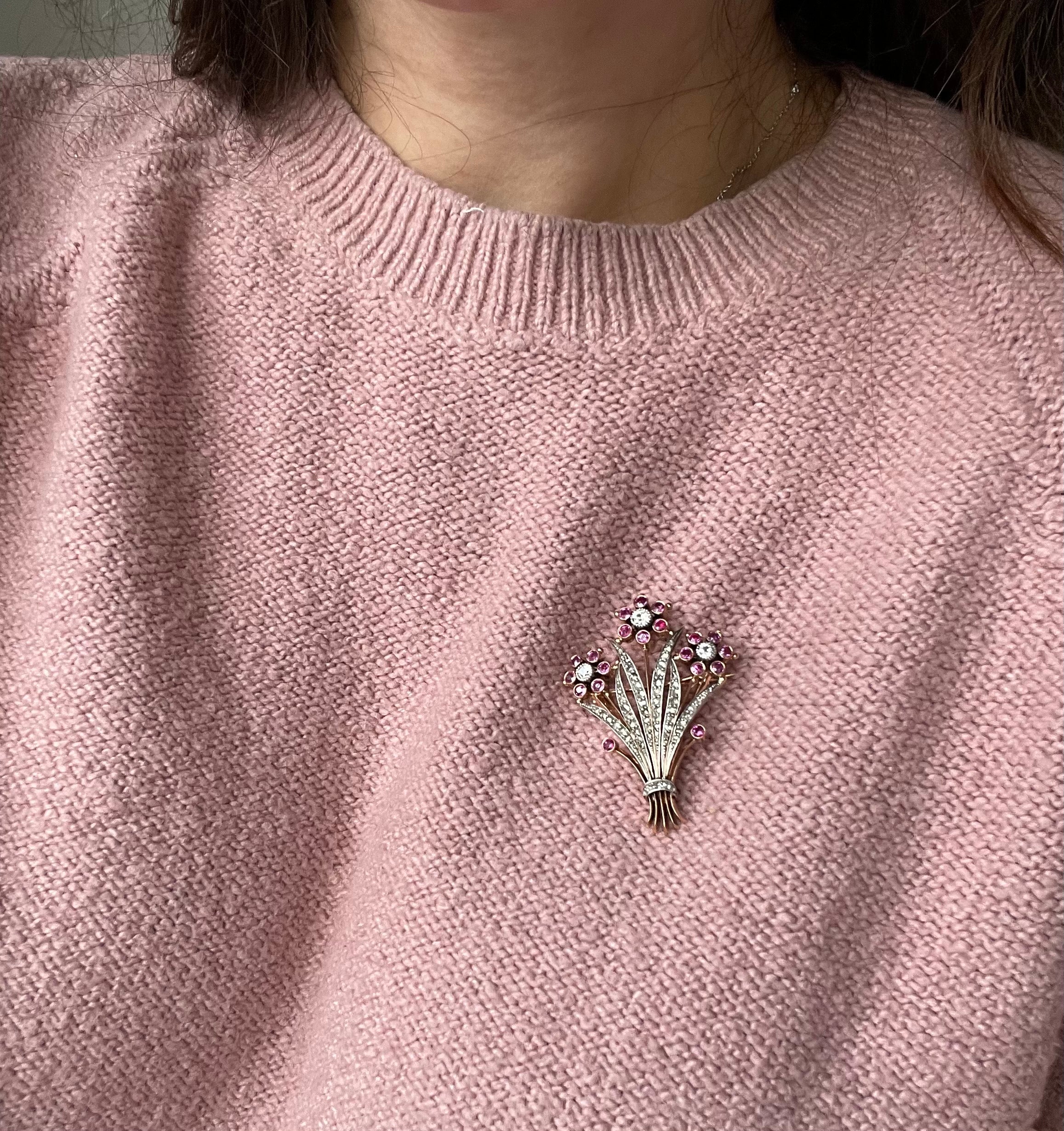 Belle Epoque Flower Pendant Brooch in Gold, Silver, Diamonds and Ruby