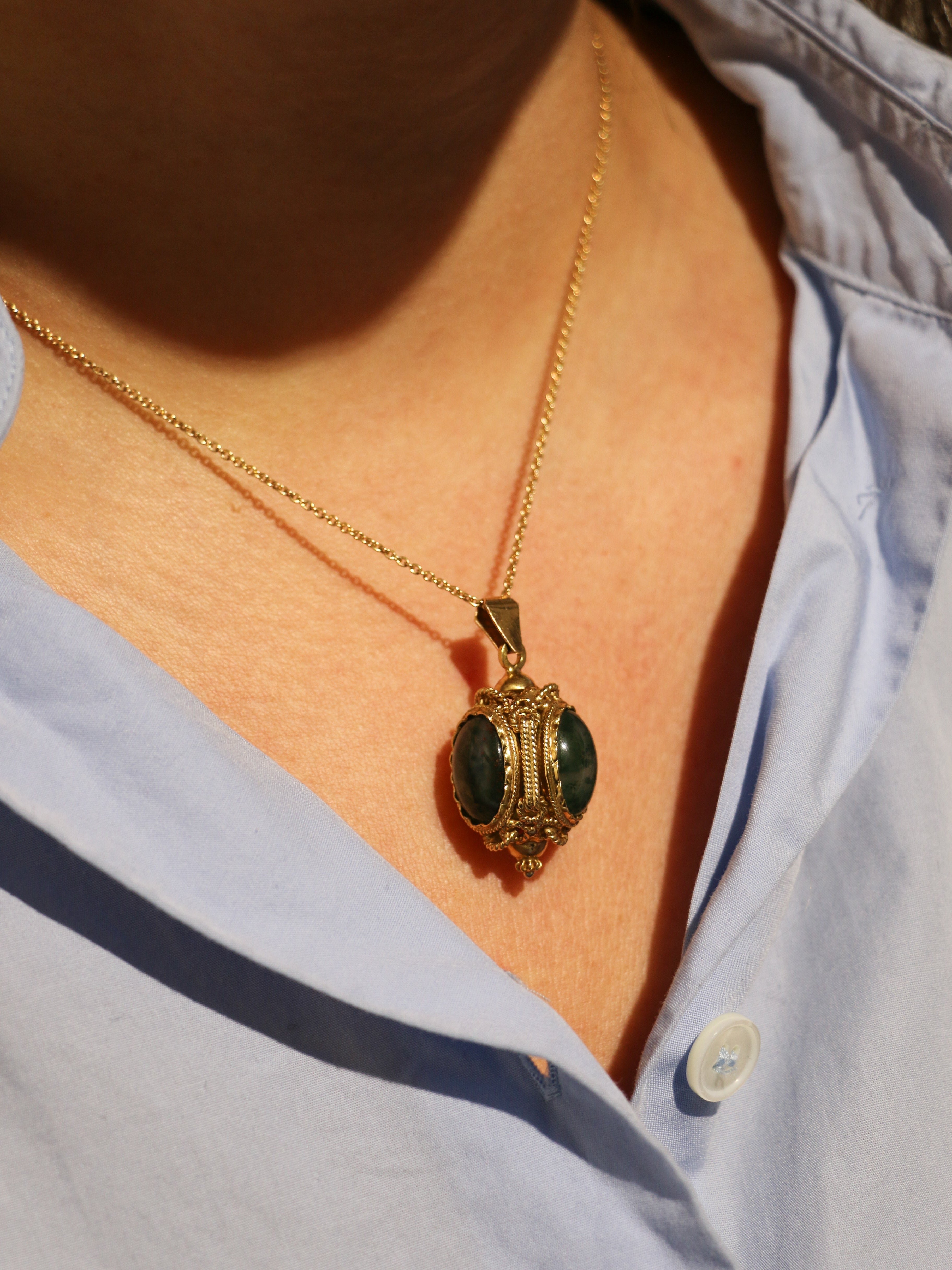 Gold lantern pendant and moss agate cabochons