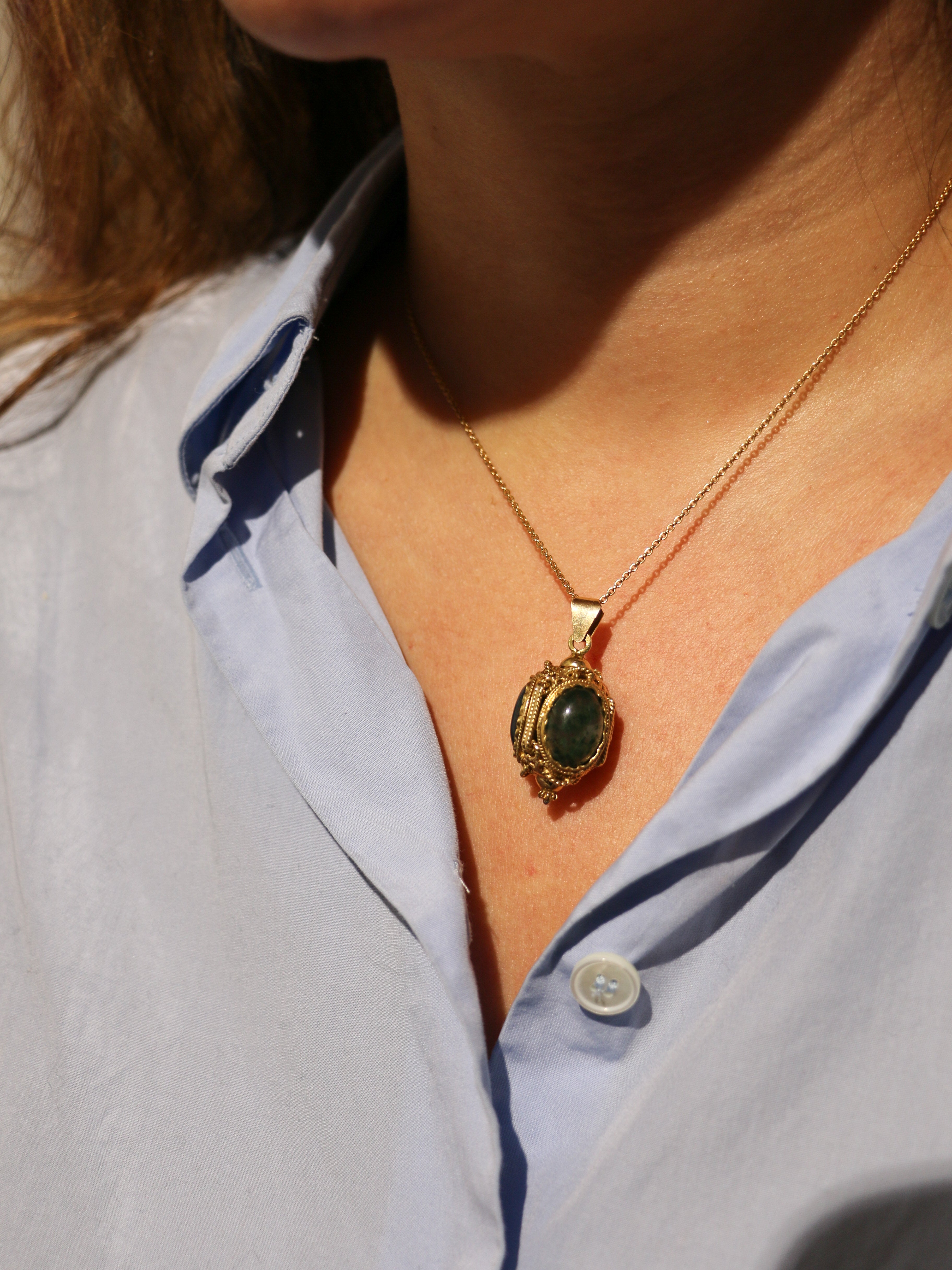 Gold lantern pendant and moss agate cabochons