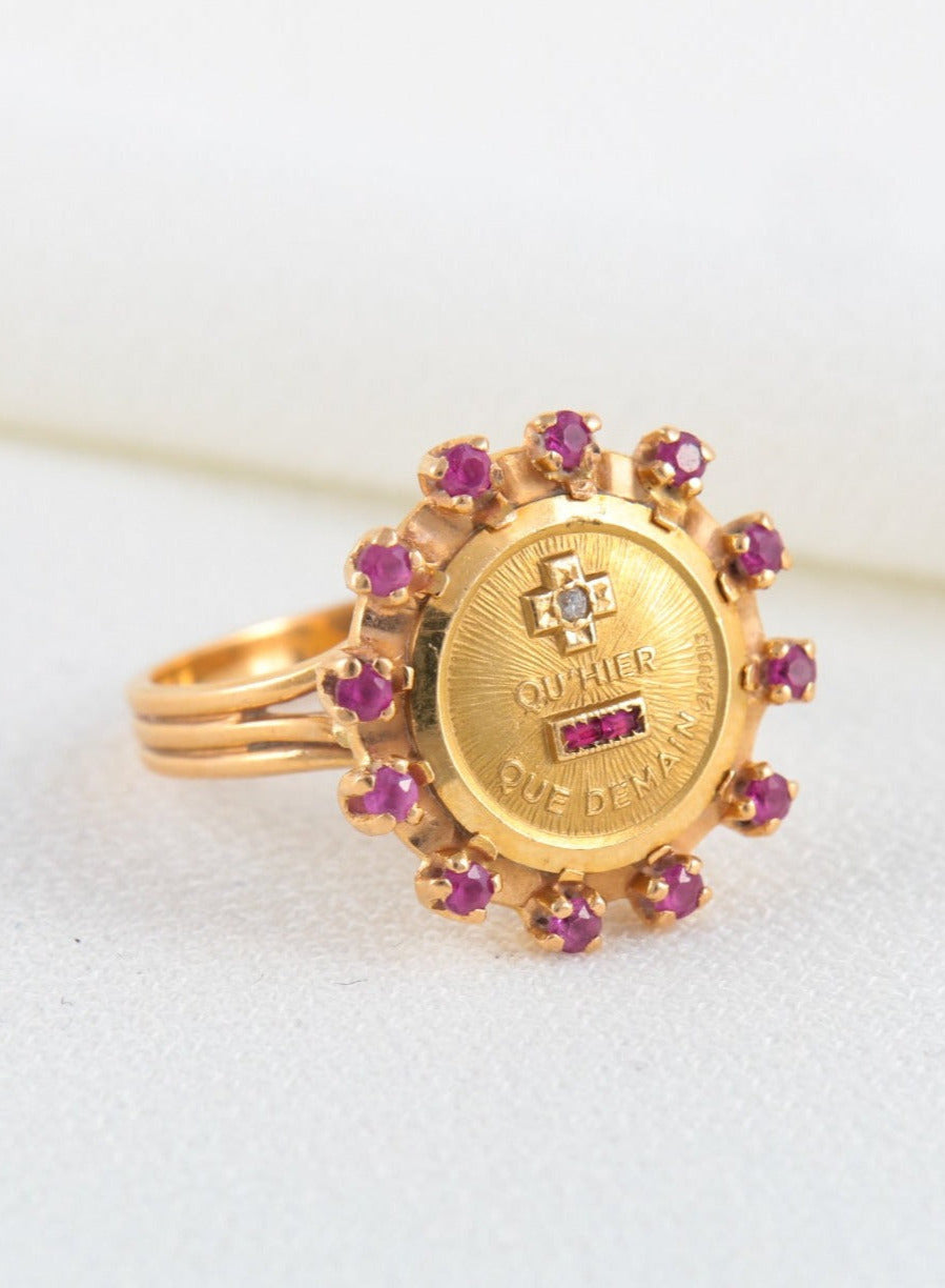 Augis Love Ring in Gold, Ruby and Pink Sapphires, More Yesterday Less Tomorrow, A. Augis